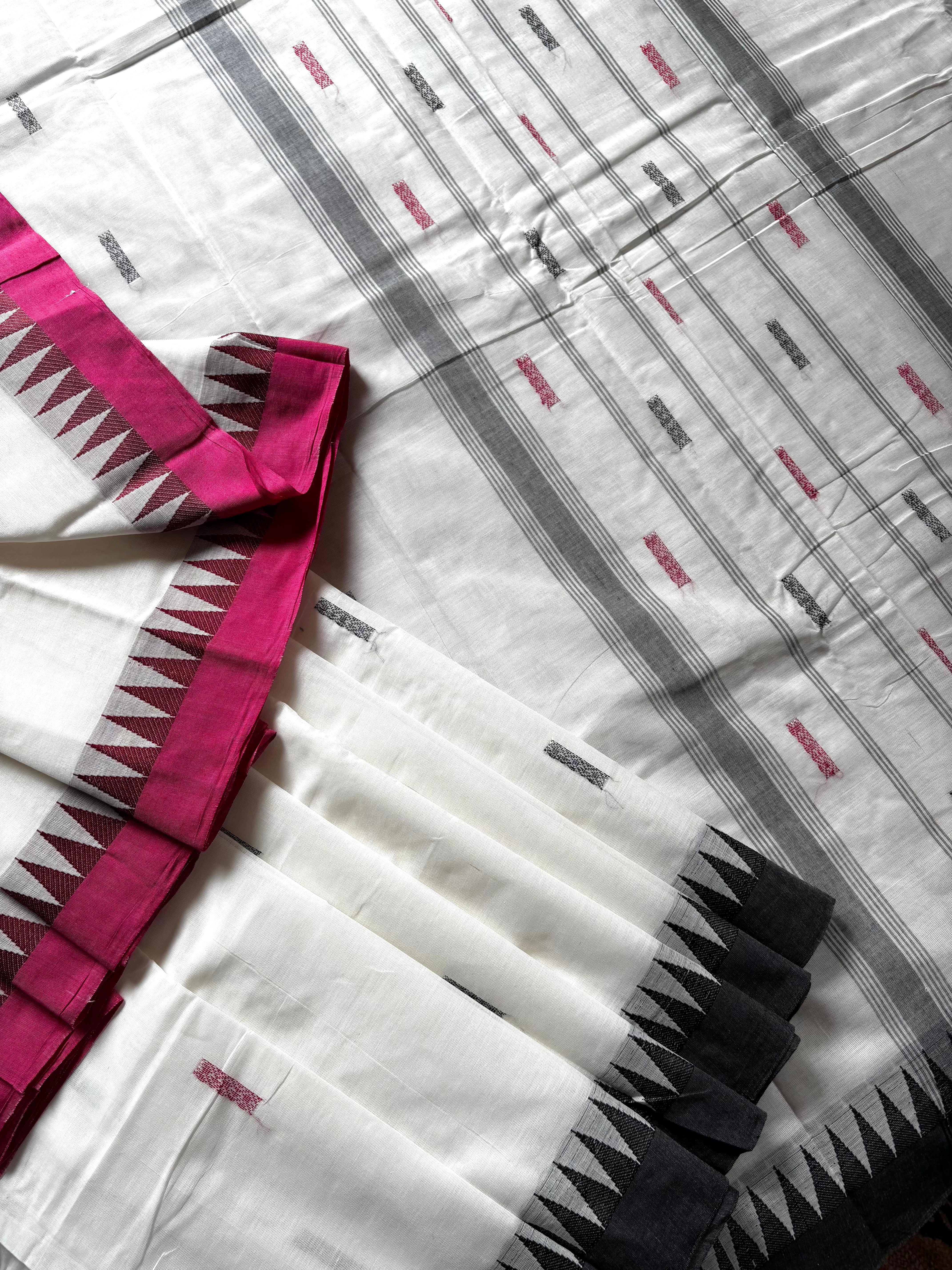 White Black Pink Cotton Kanchipuram Saree