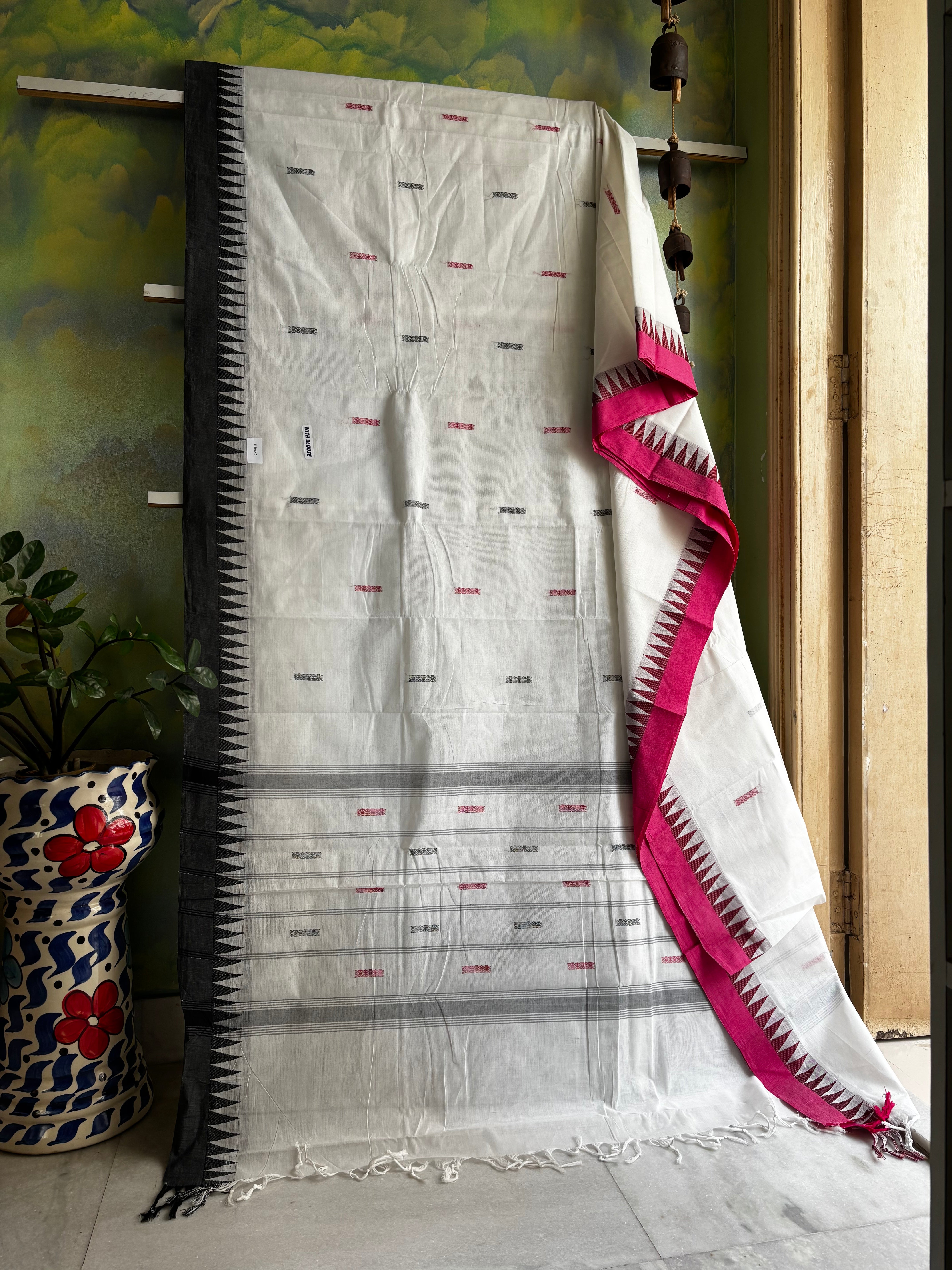 White Black Pink Cotton Kanchipuram Saree