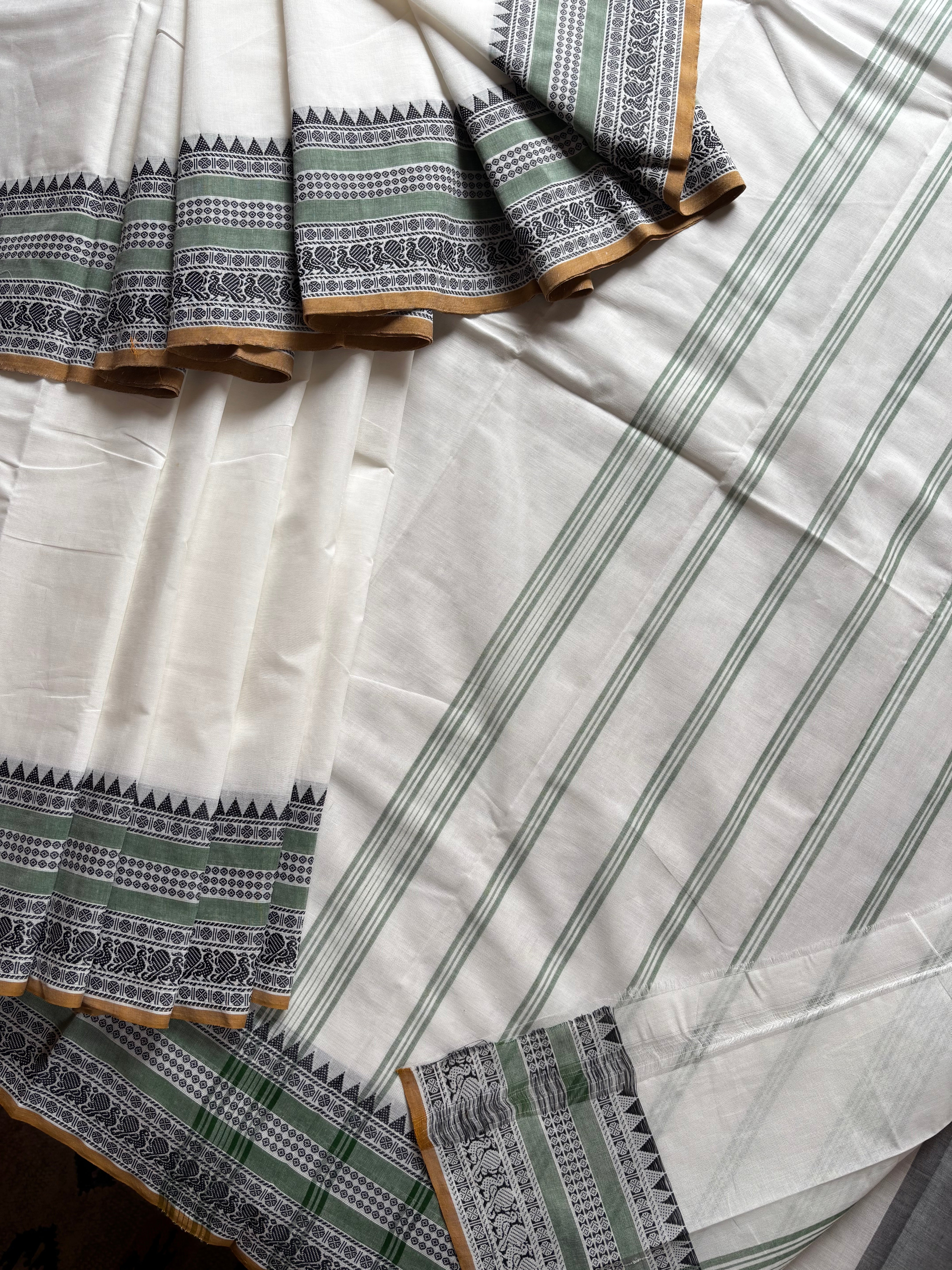 White with multicolour border Kanchipuram Cotton Saree