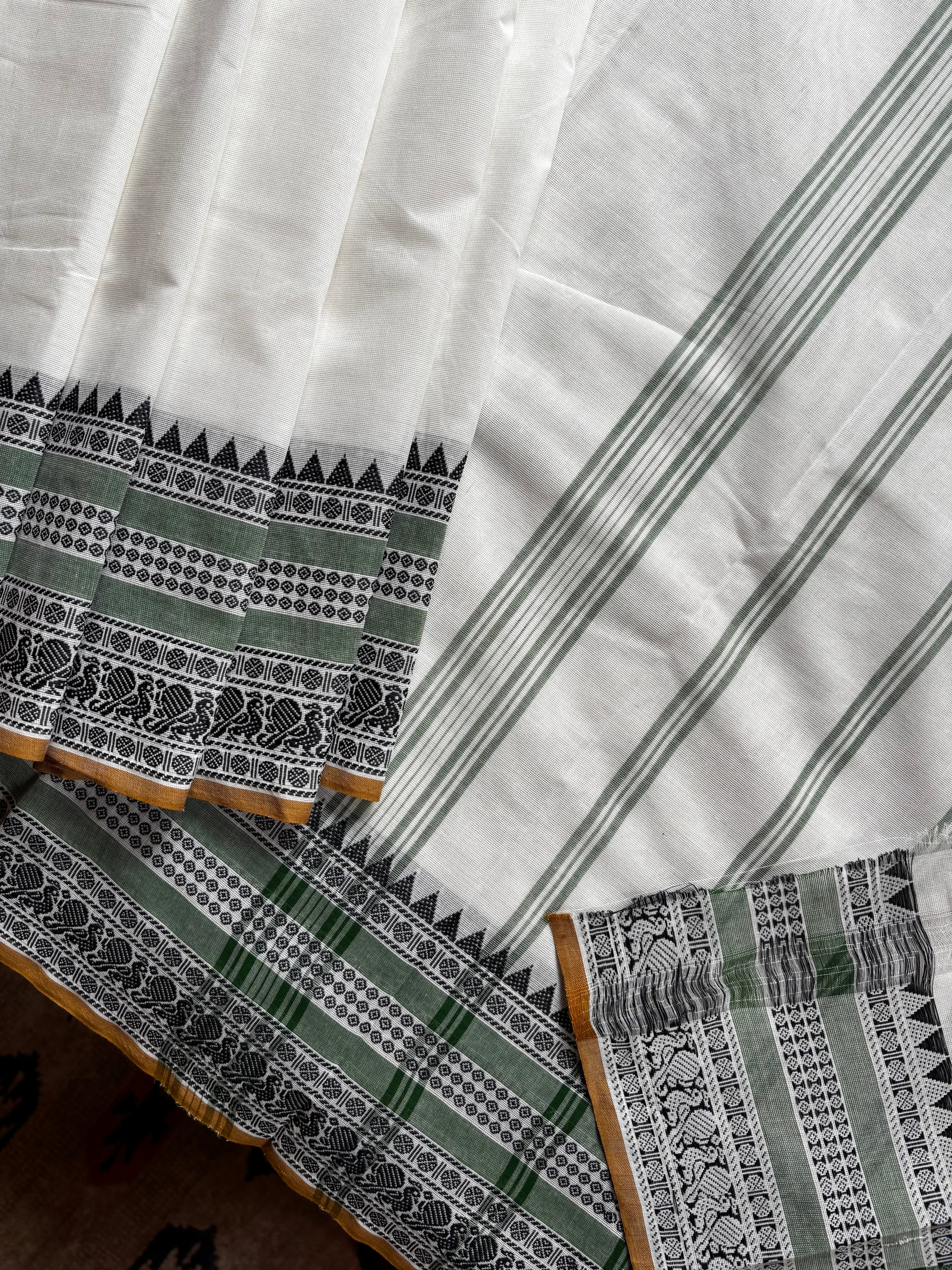 White with multicolour border Kanchipuram Cotton Saree