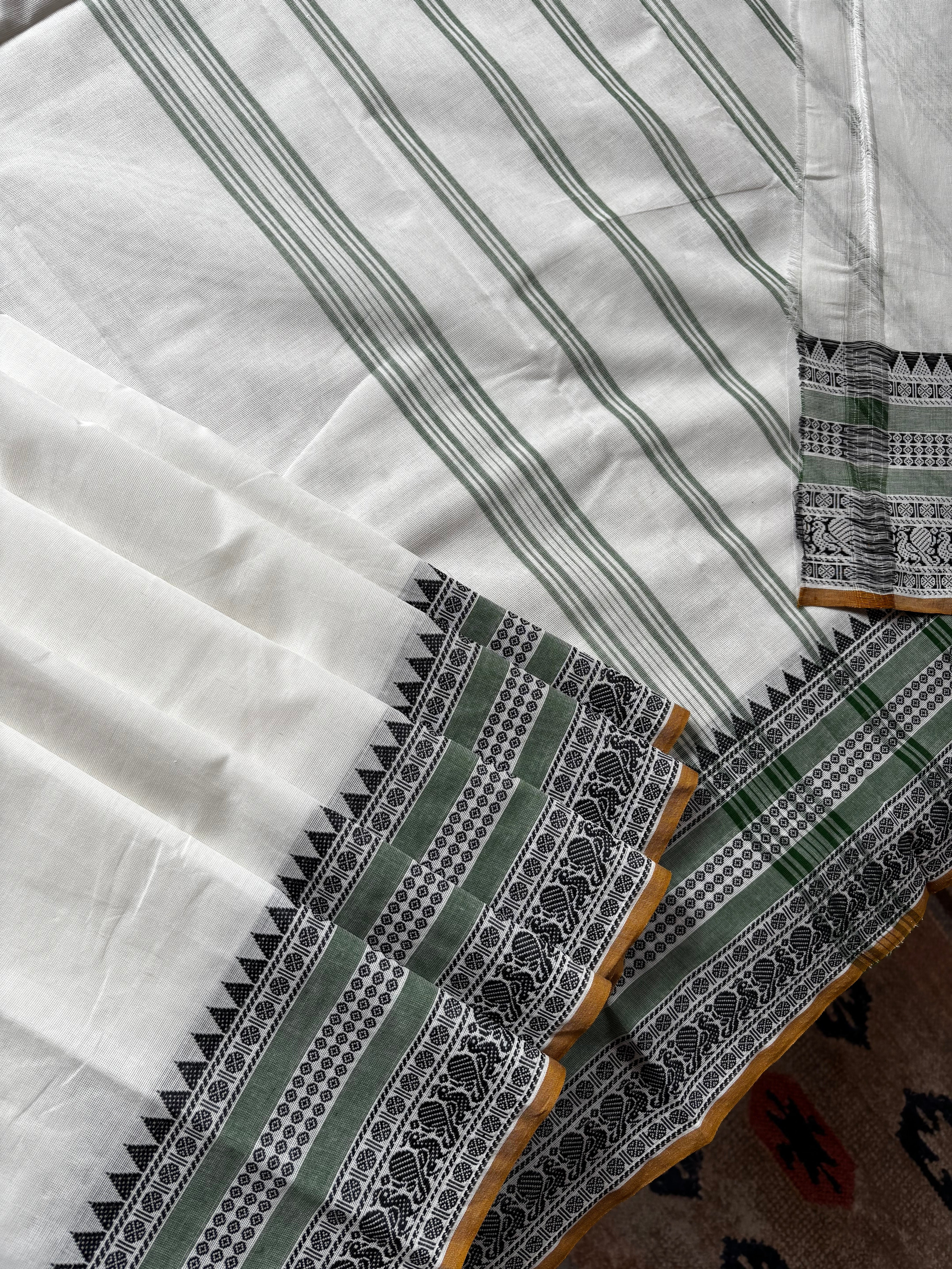 White with multicolour border Kanchipuram Cotton Saree