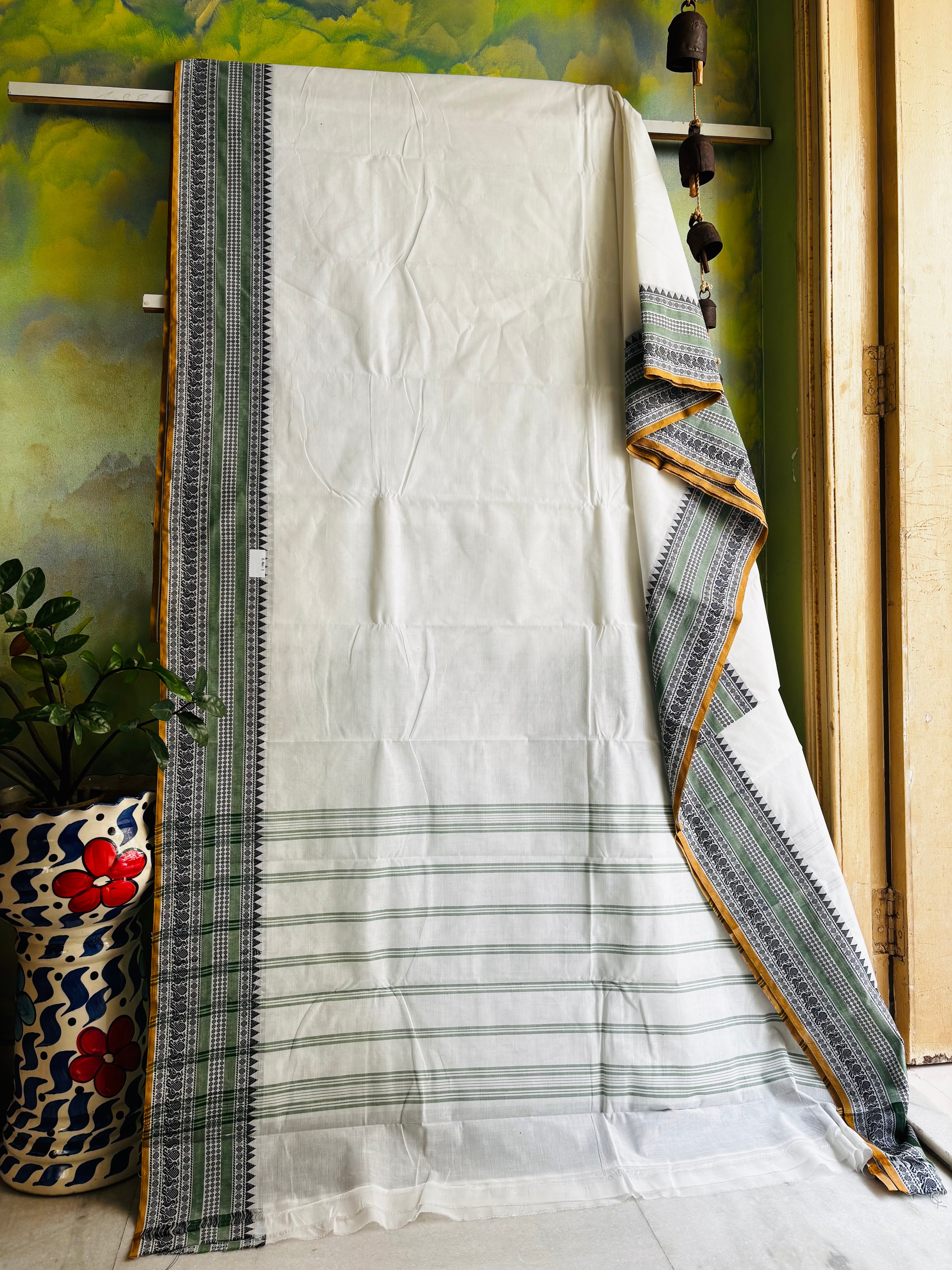 White with multicolour border Kanchipuram Cotton Saree