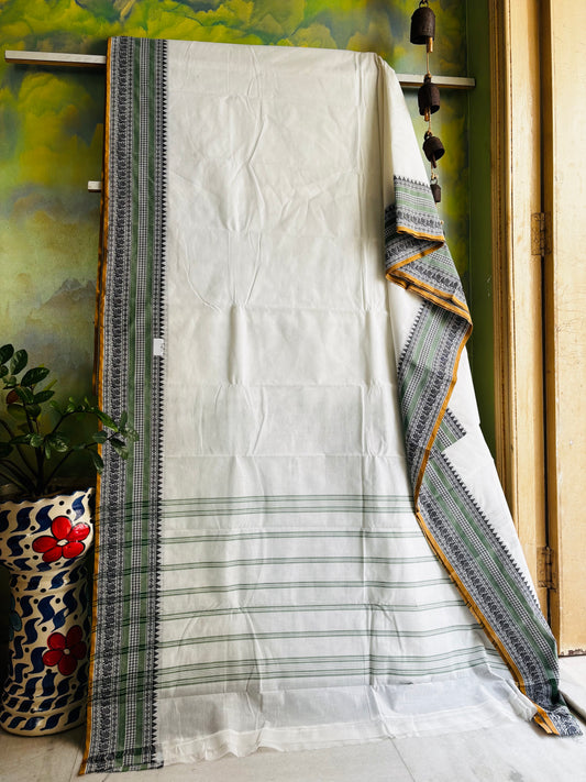 White with multicolour border Kanchipuram Cotton Saree
