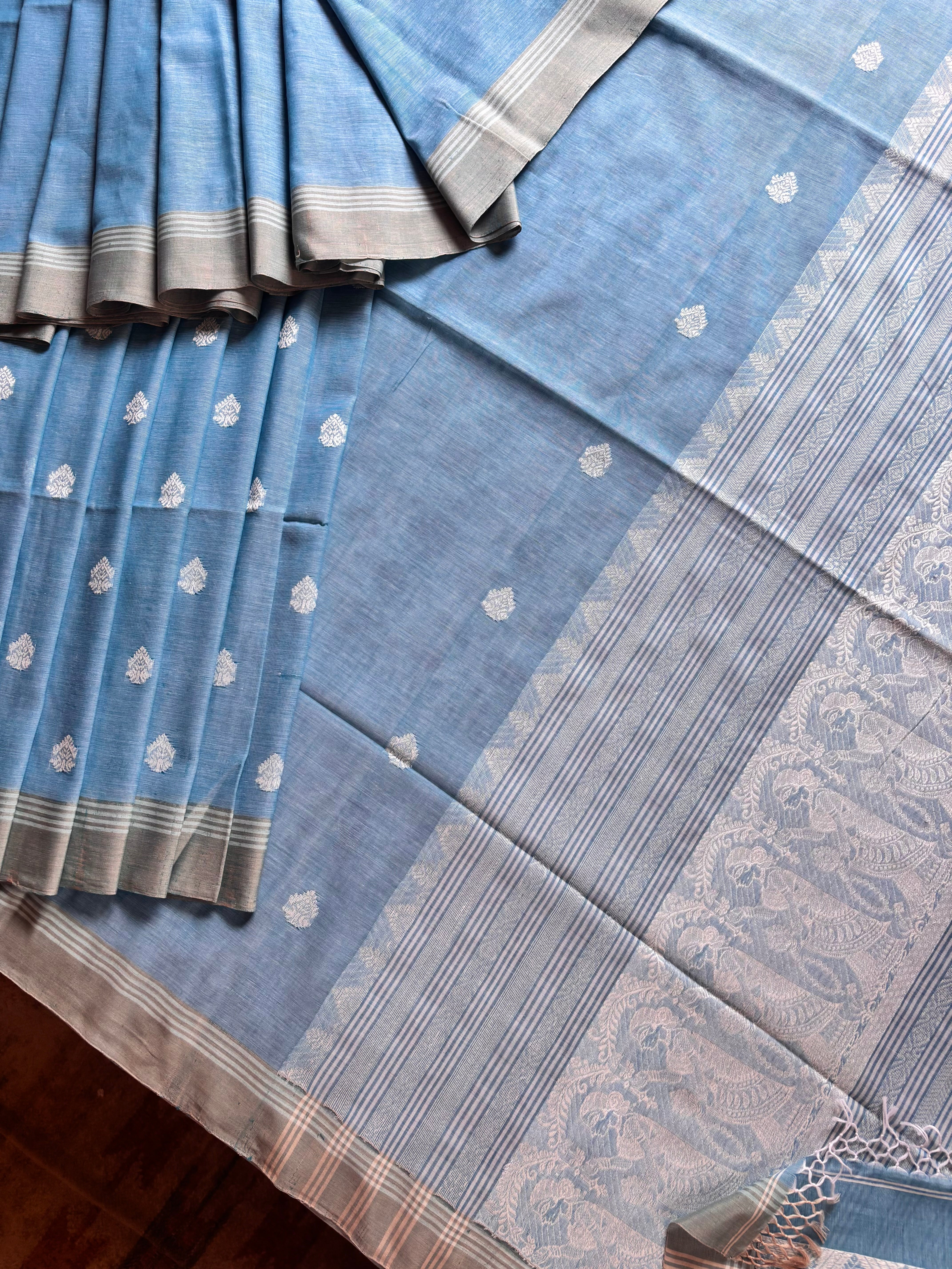 Handwoven Light Sky Cotton Baluchari Saree