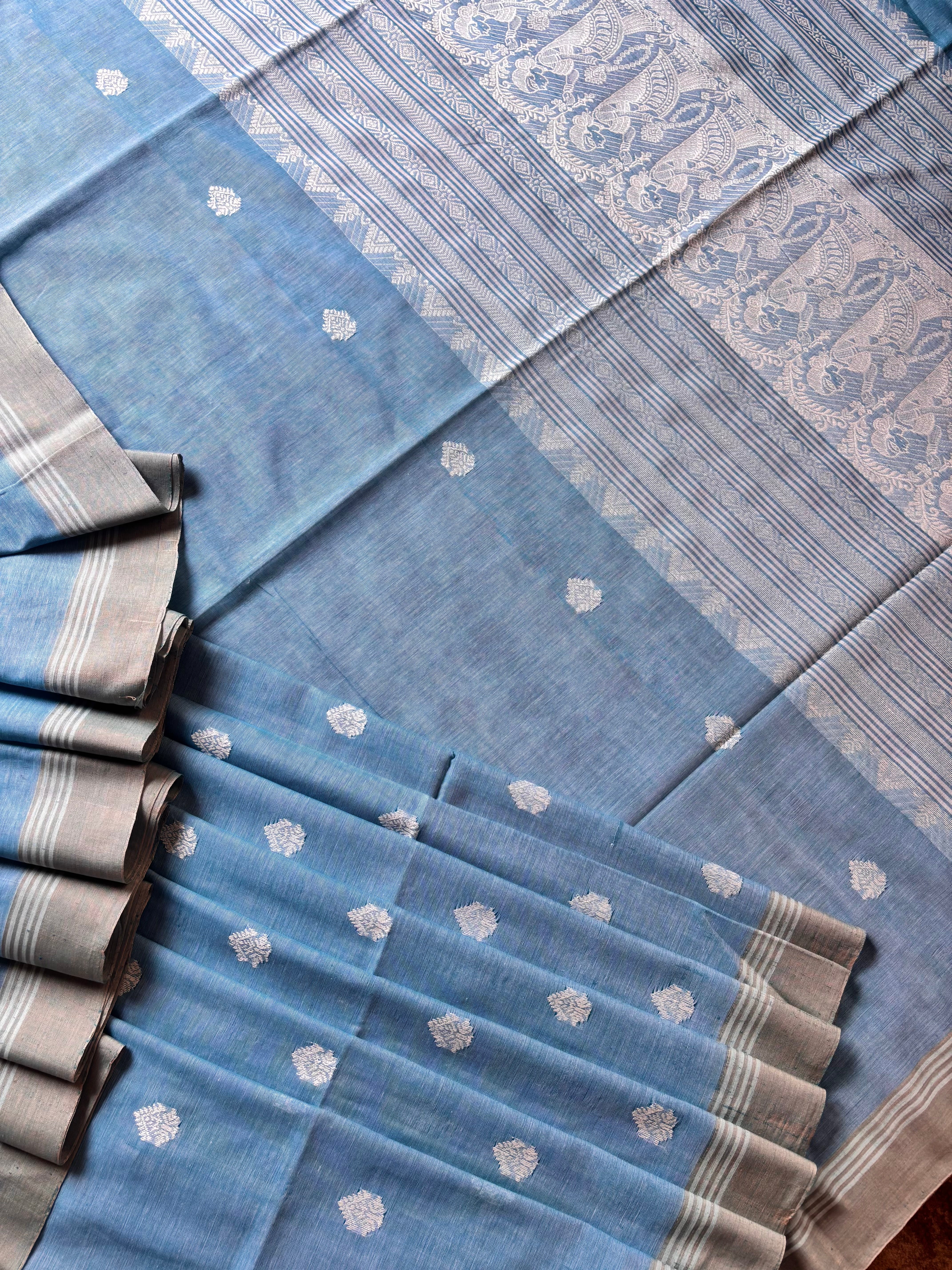 Handwoven Light Sky Cotton Baluchari Saree