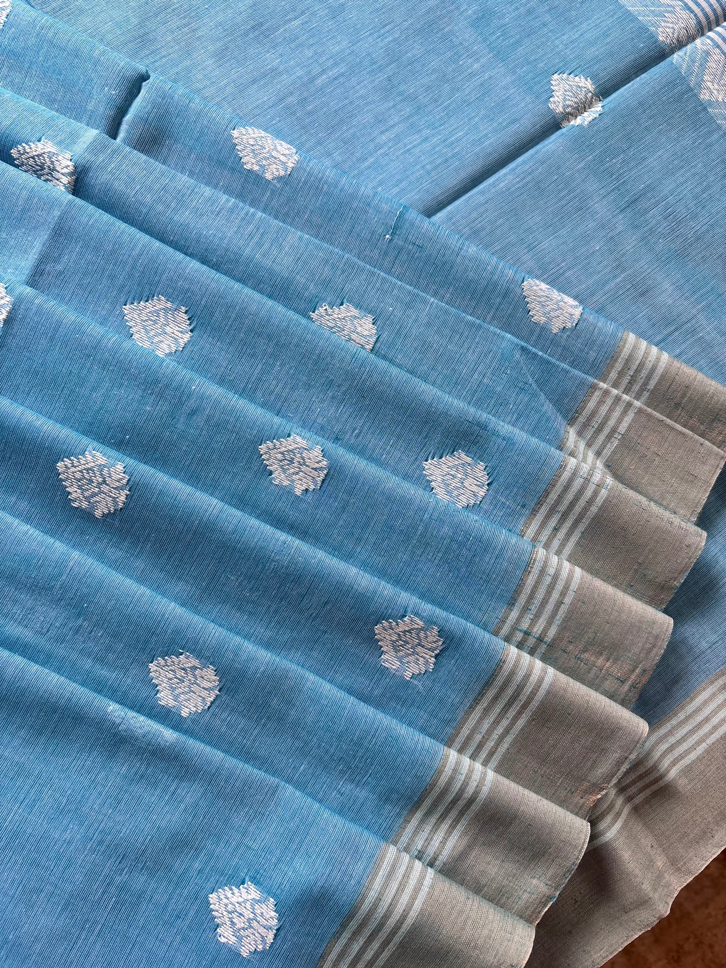 Handwoven Light Sky Cotton Baluchari Saree