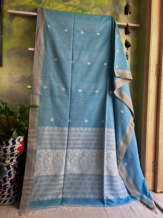 Handwoven Light Sky Cotton Baluchari Saree