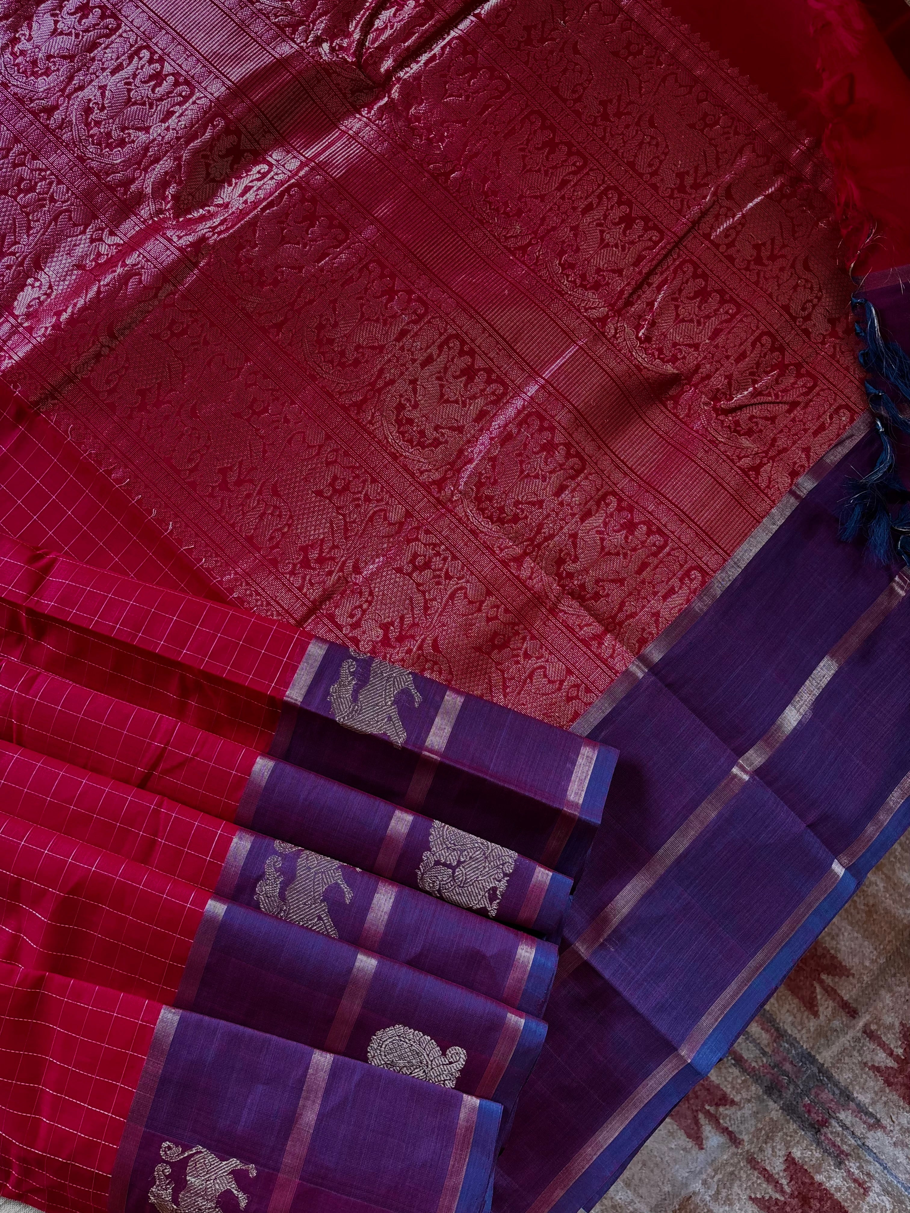 Handwoven Red Colour Kanchipuram Cotton Saree