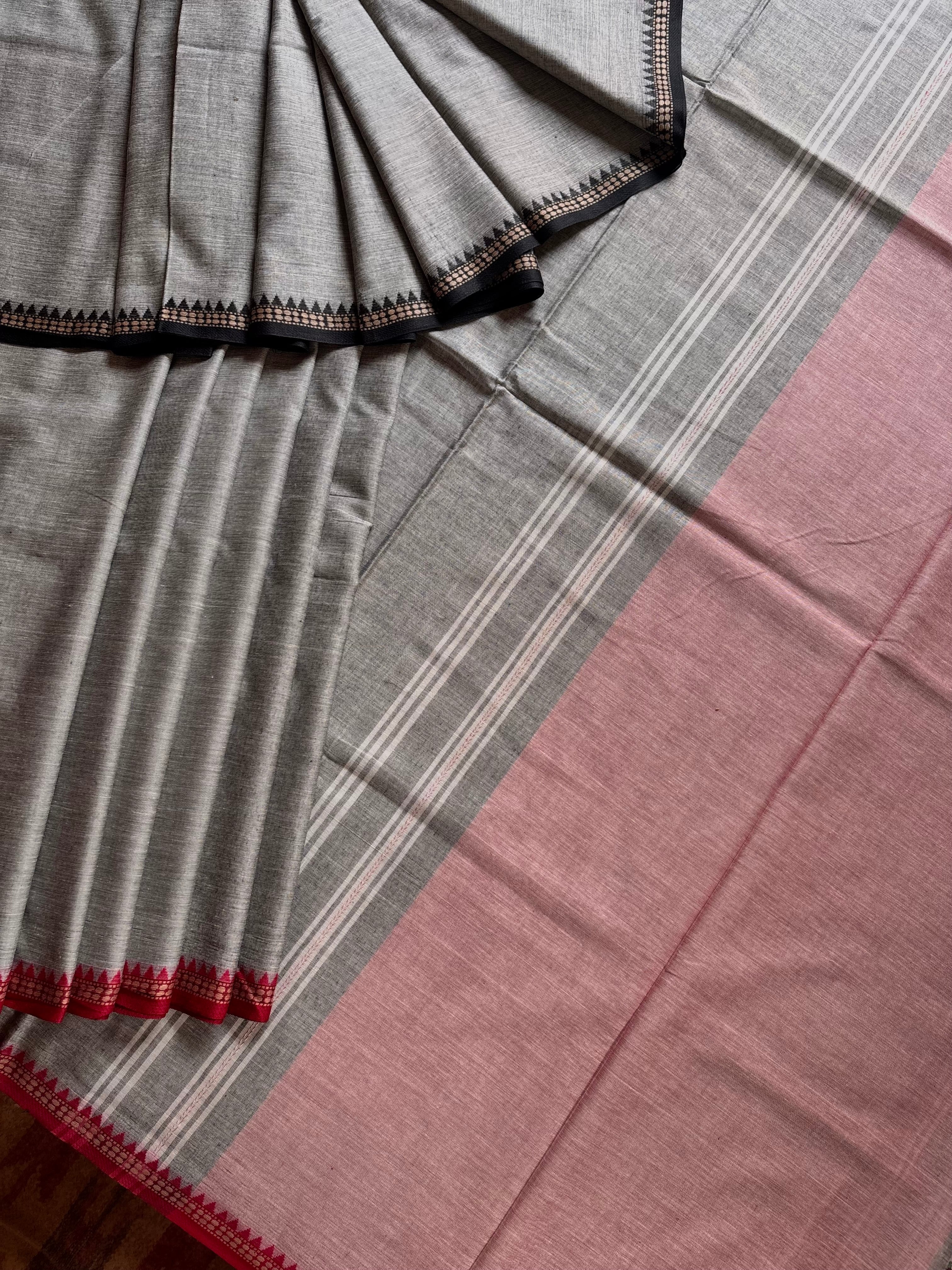 Handwoven Grey Colour Dhonekhali Cotton Saree