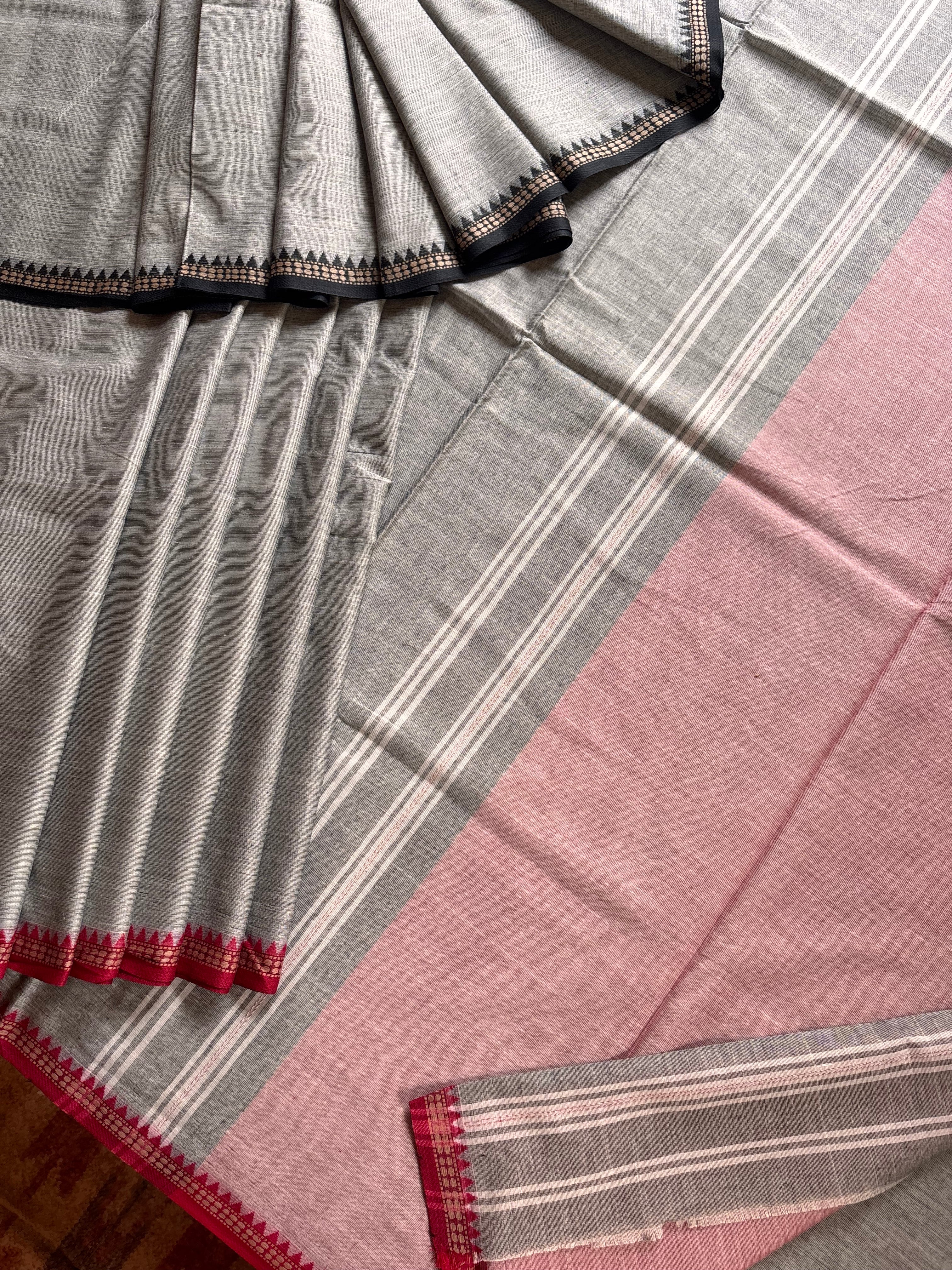 Handwoven Grey Colour Dhonekhali Cotton Saree