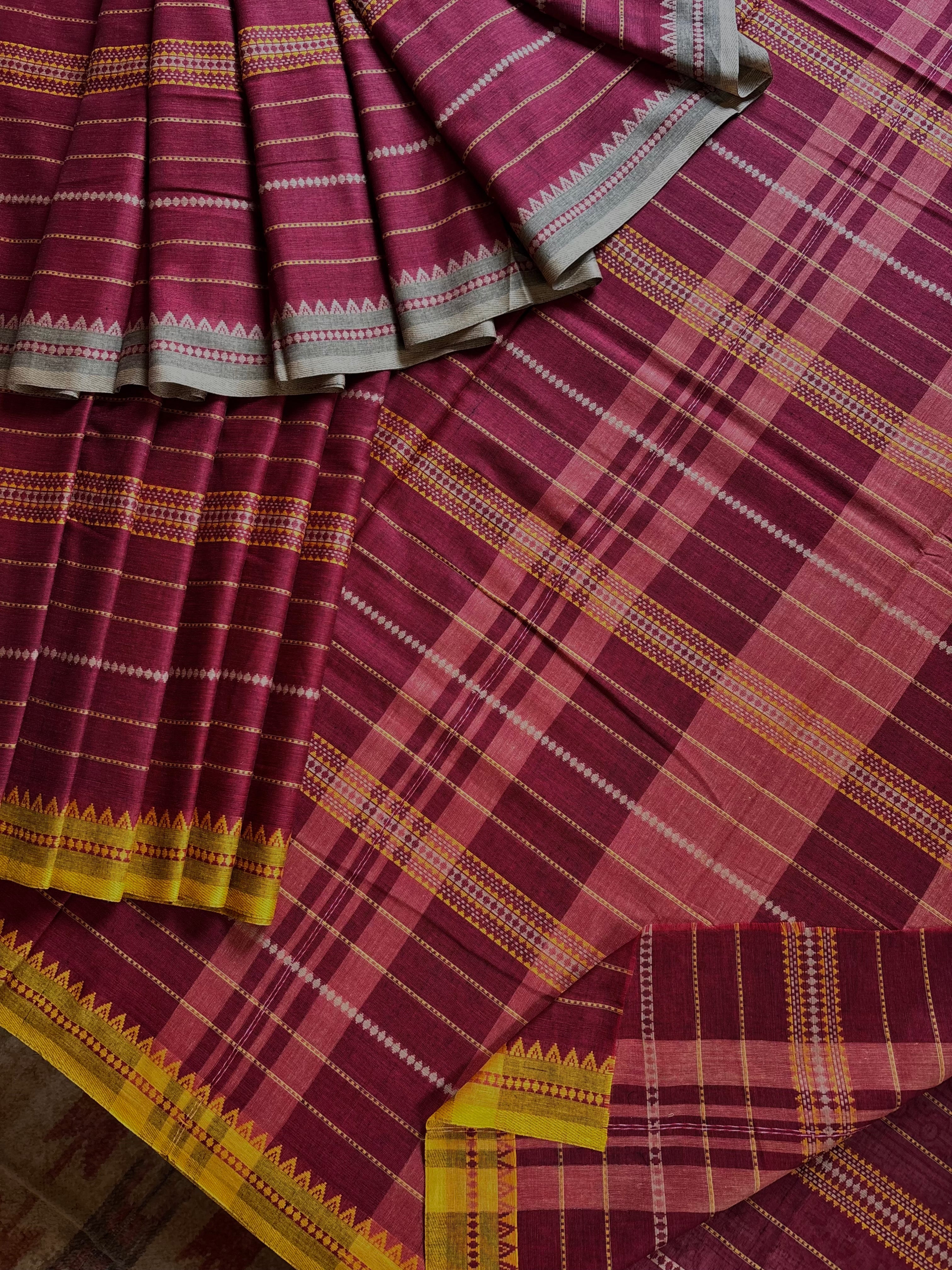 Handwoven Maroon Colour Cotton Dhonekhali Saree