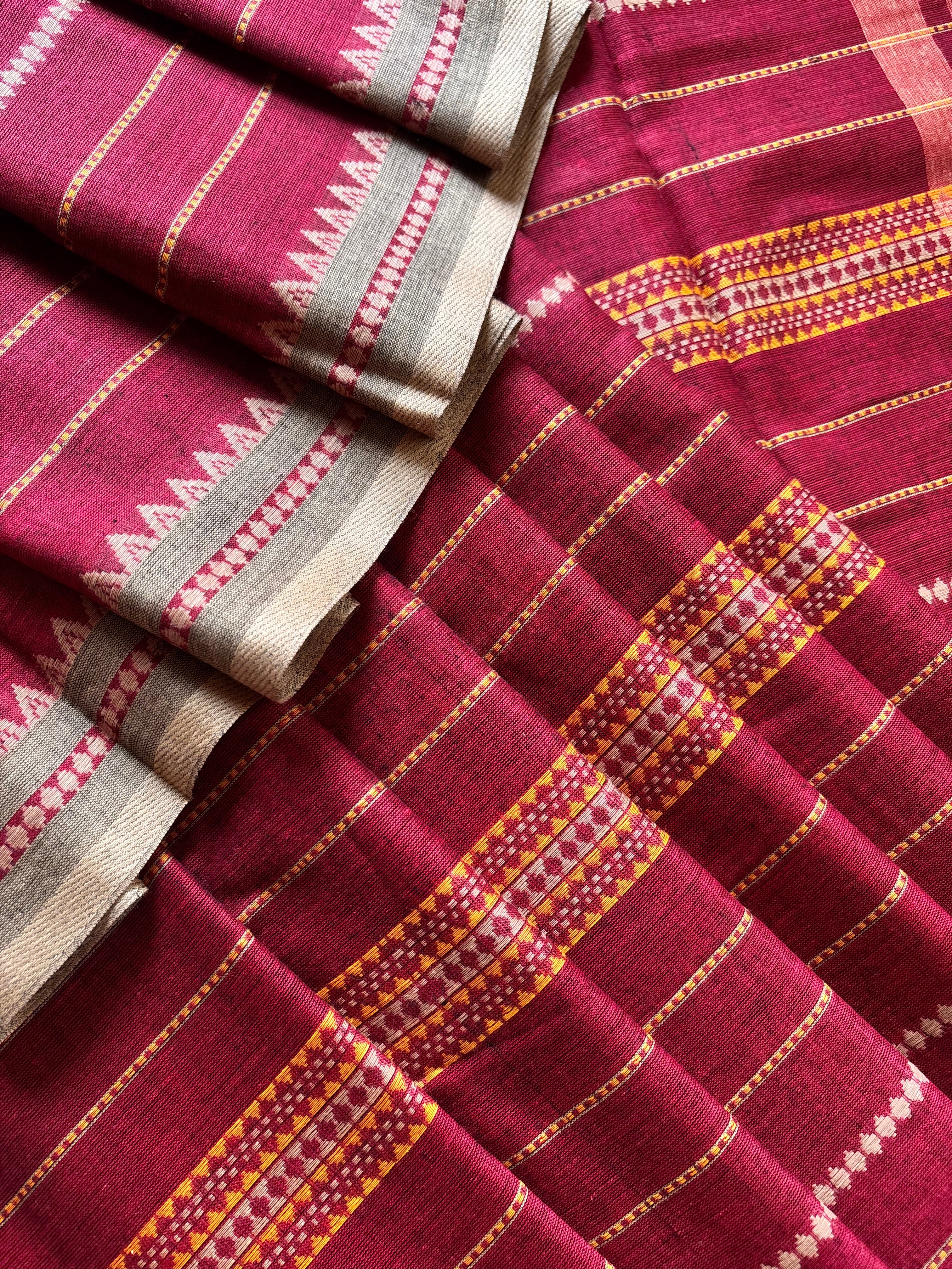 Handwoven Maroon Colour Cotton Dhonekhali Saree