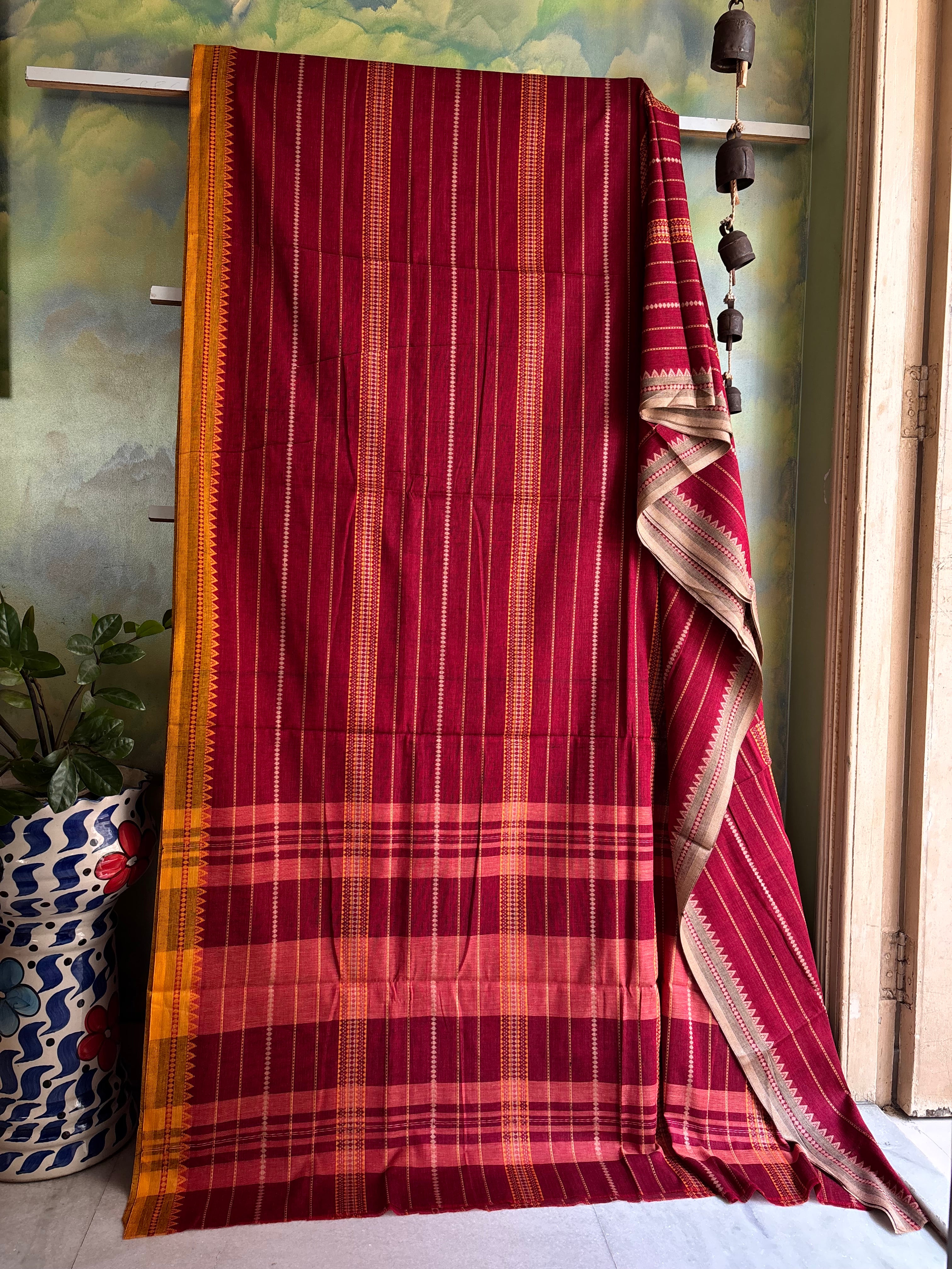 Handwoven Maroon Colour Cotton Dhonekhali Saree