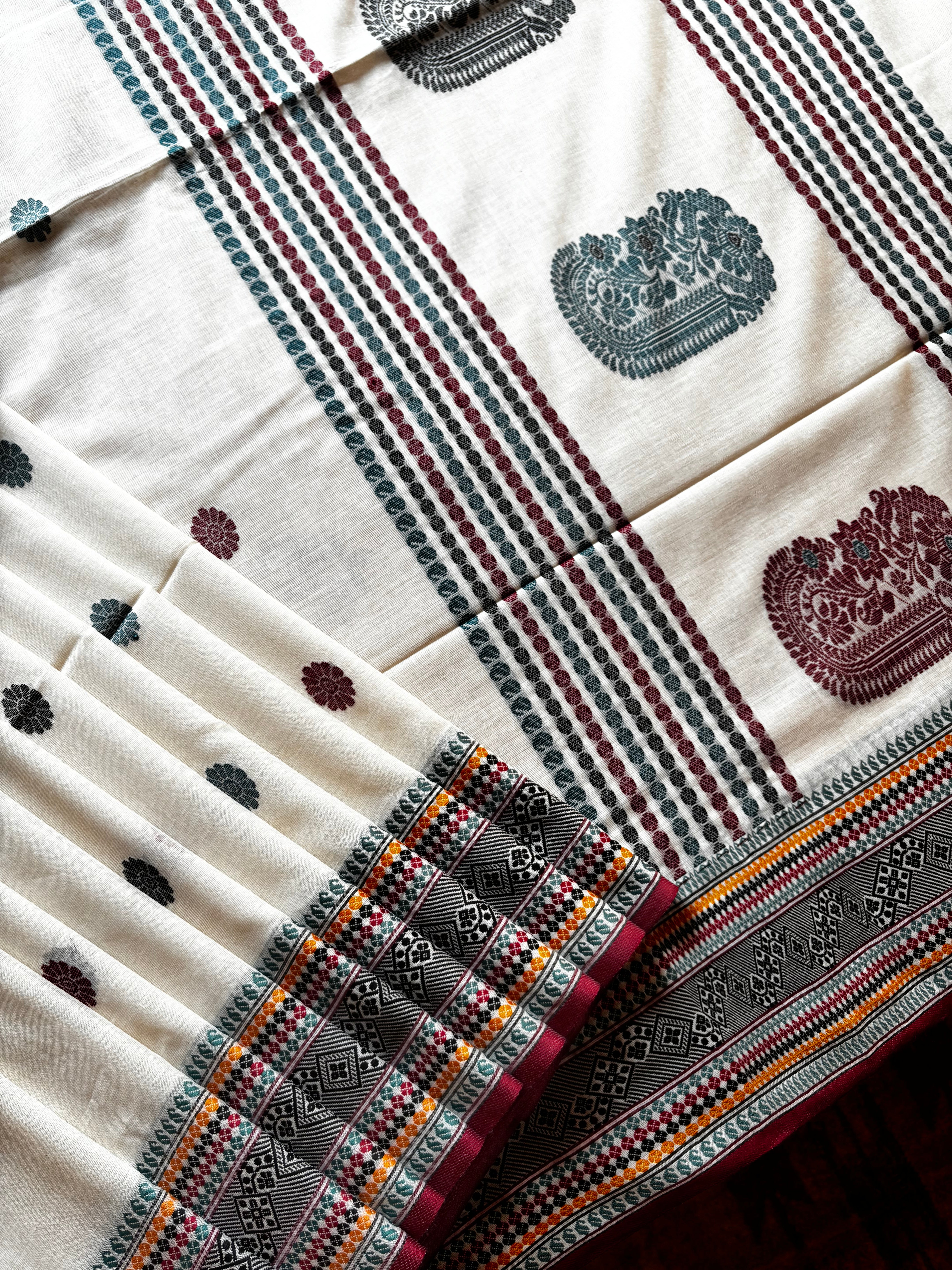 Handwoven Offwhite Phulia Cotton Saree