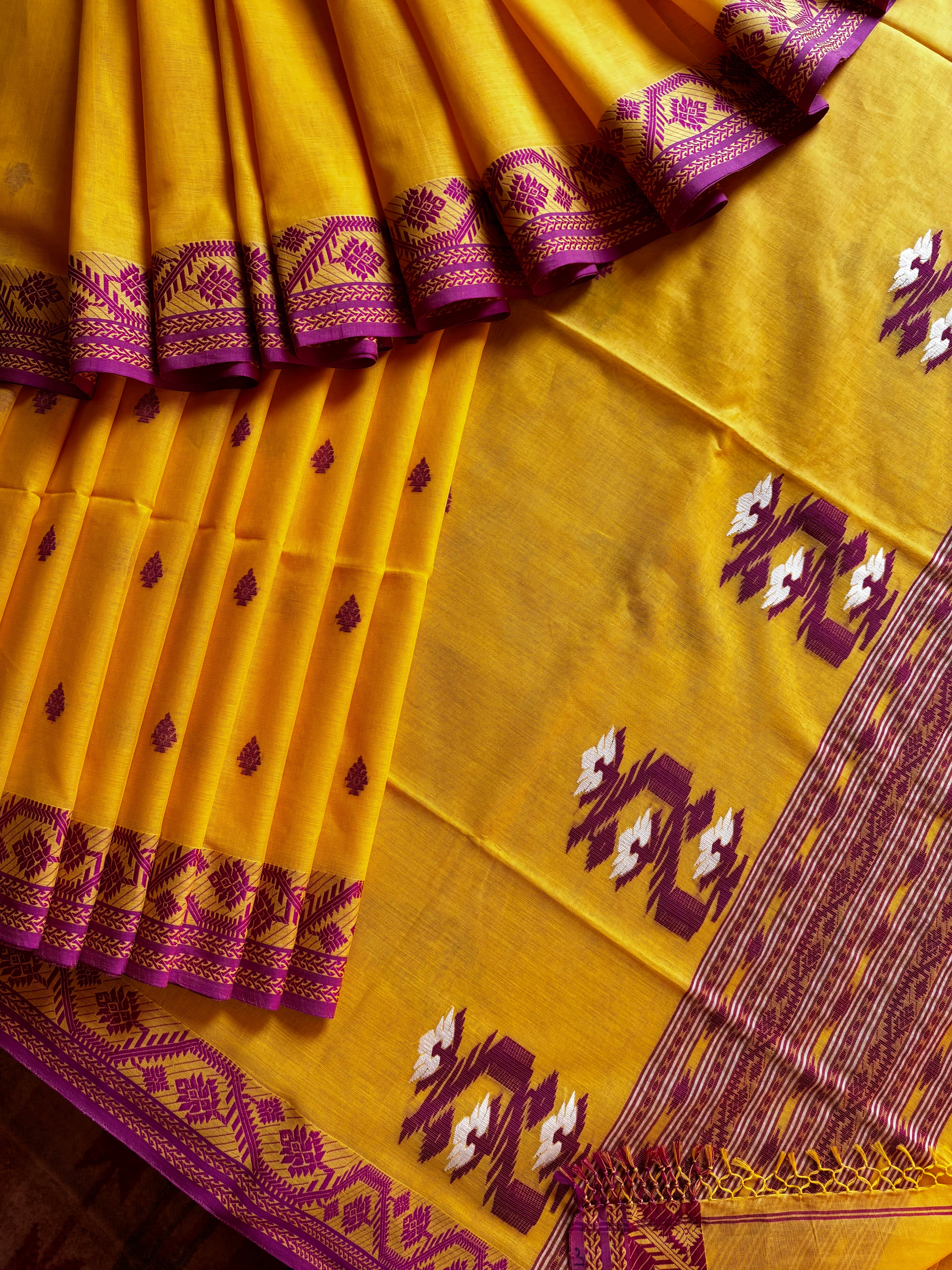 Handwoven Yellow Rani Phulia Cotton Saree