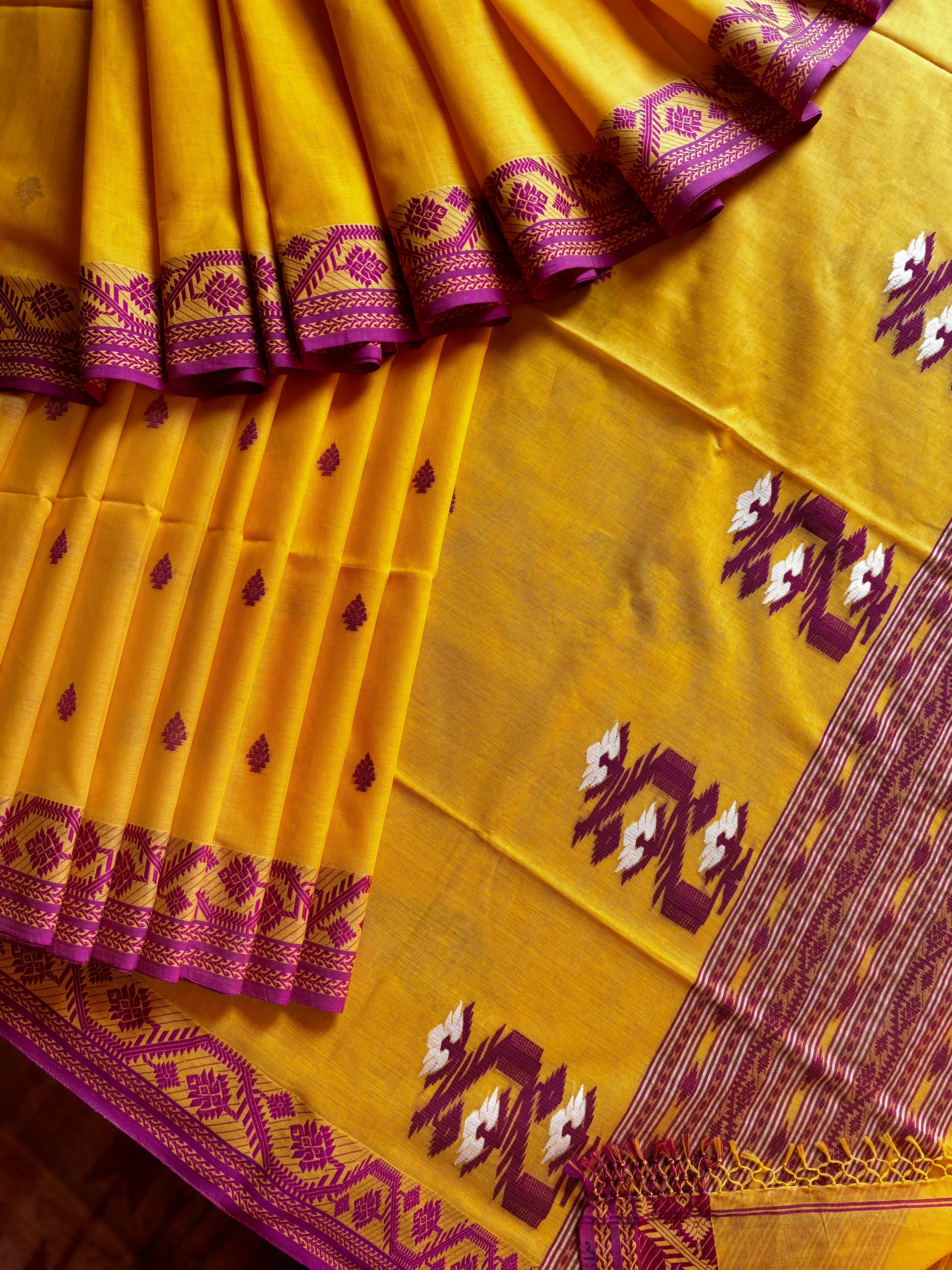 Handwoven Yellow Rani Phulia Cotton Saree