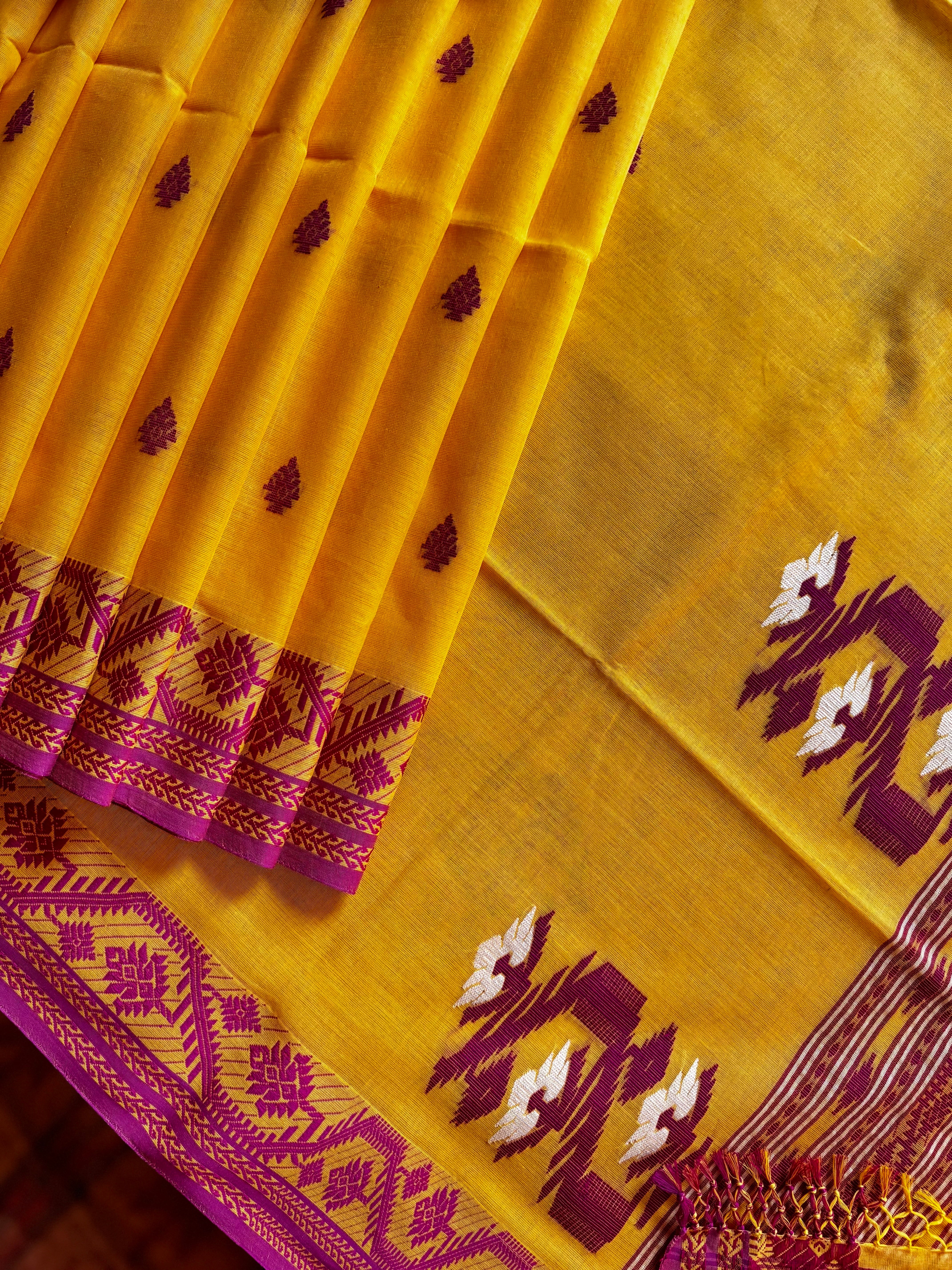 Handwoven Yellow Rani Phulia Cotton Saree