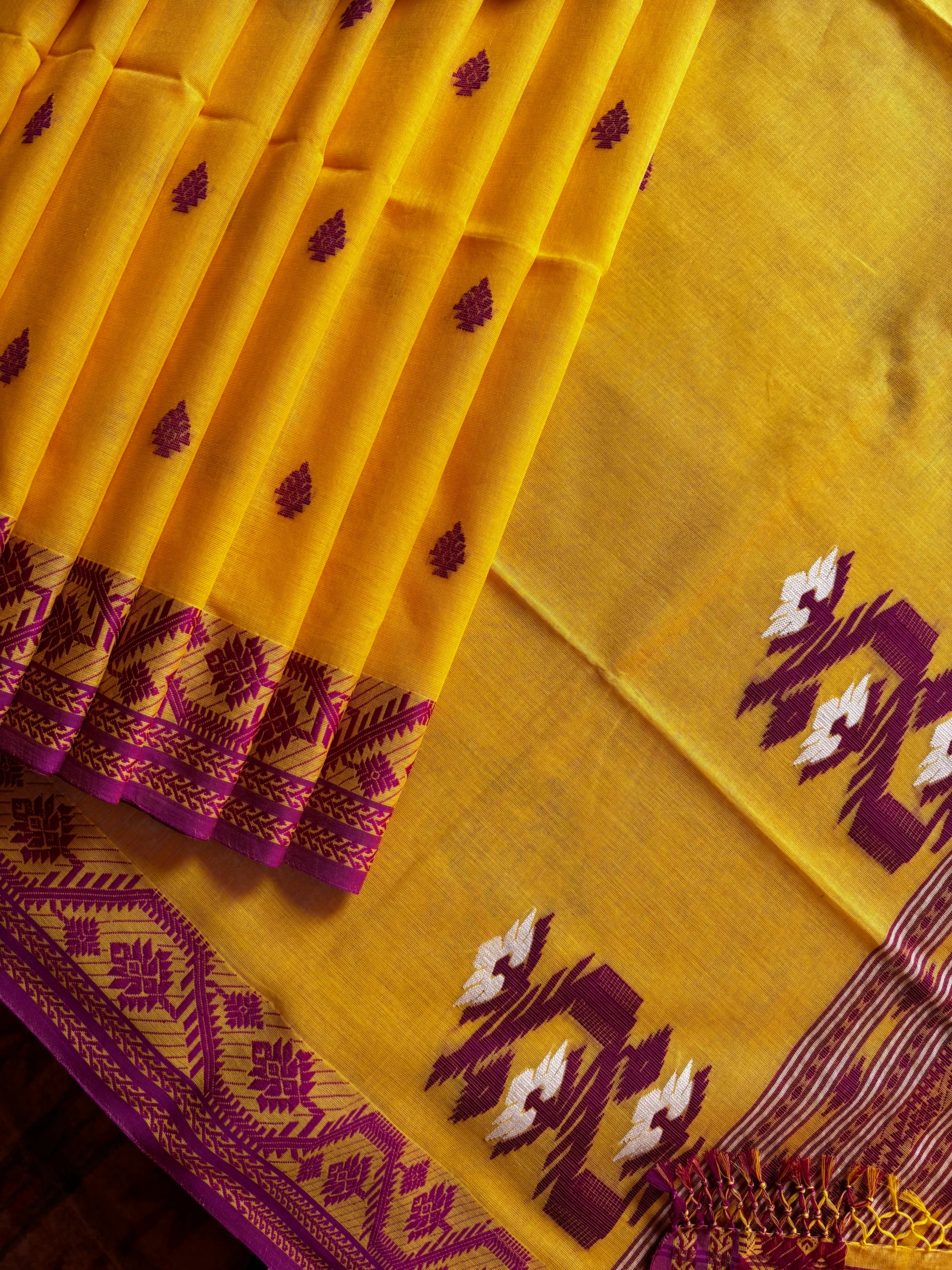 Handwoven Yellow Rani Phulia Cotton Saree