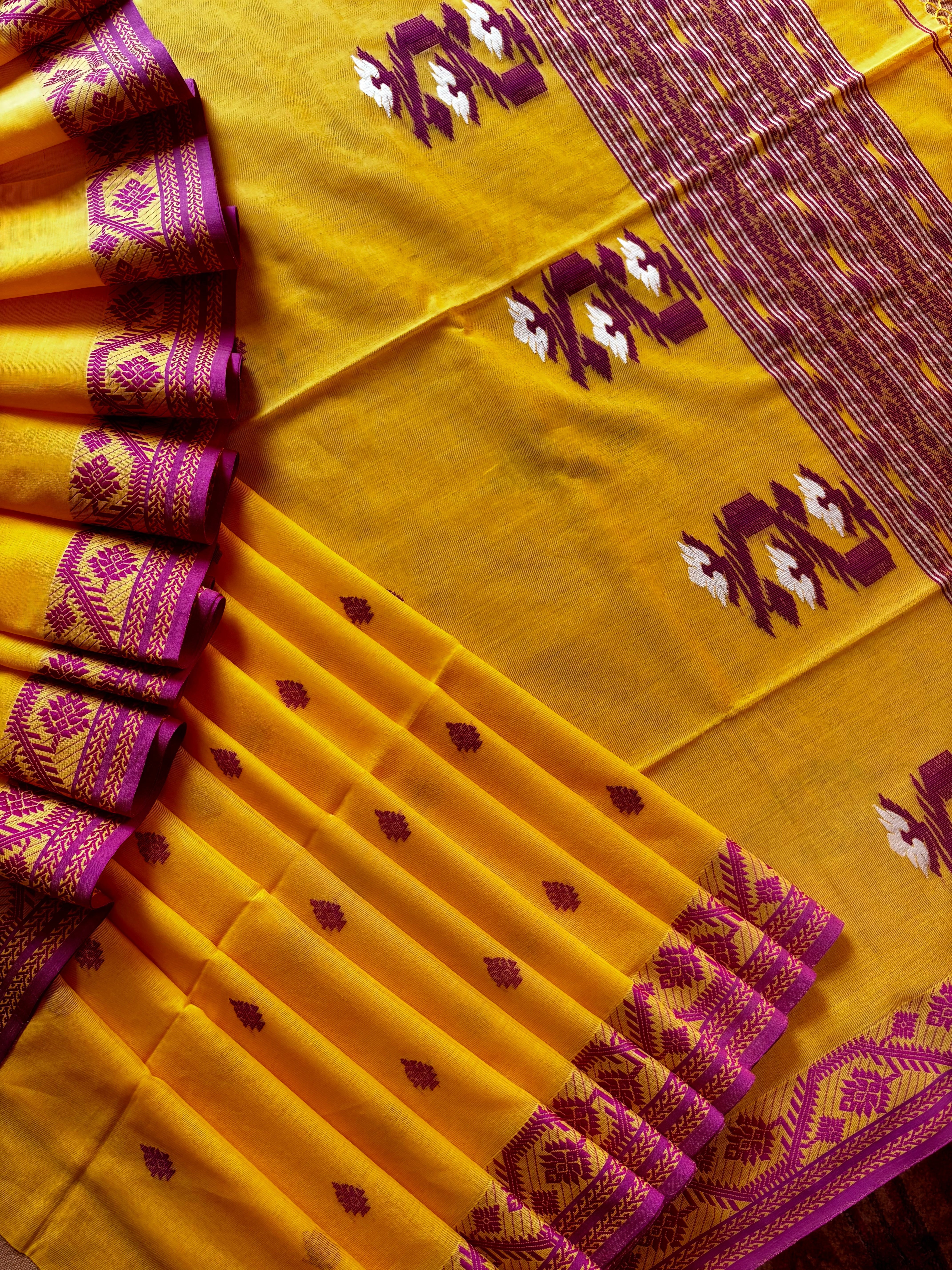 Handwoven Yellow Rani Phulia Cotton Saree