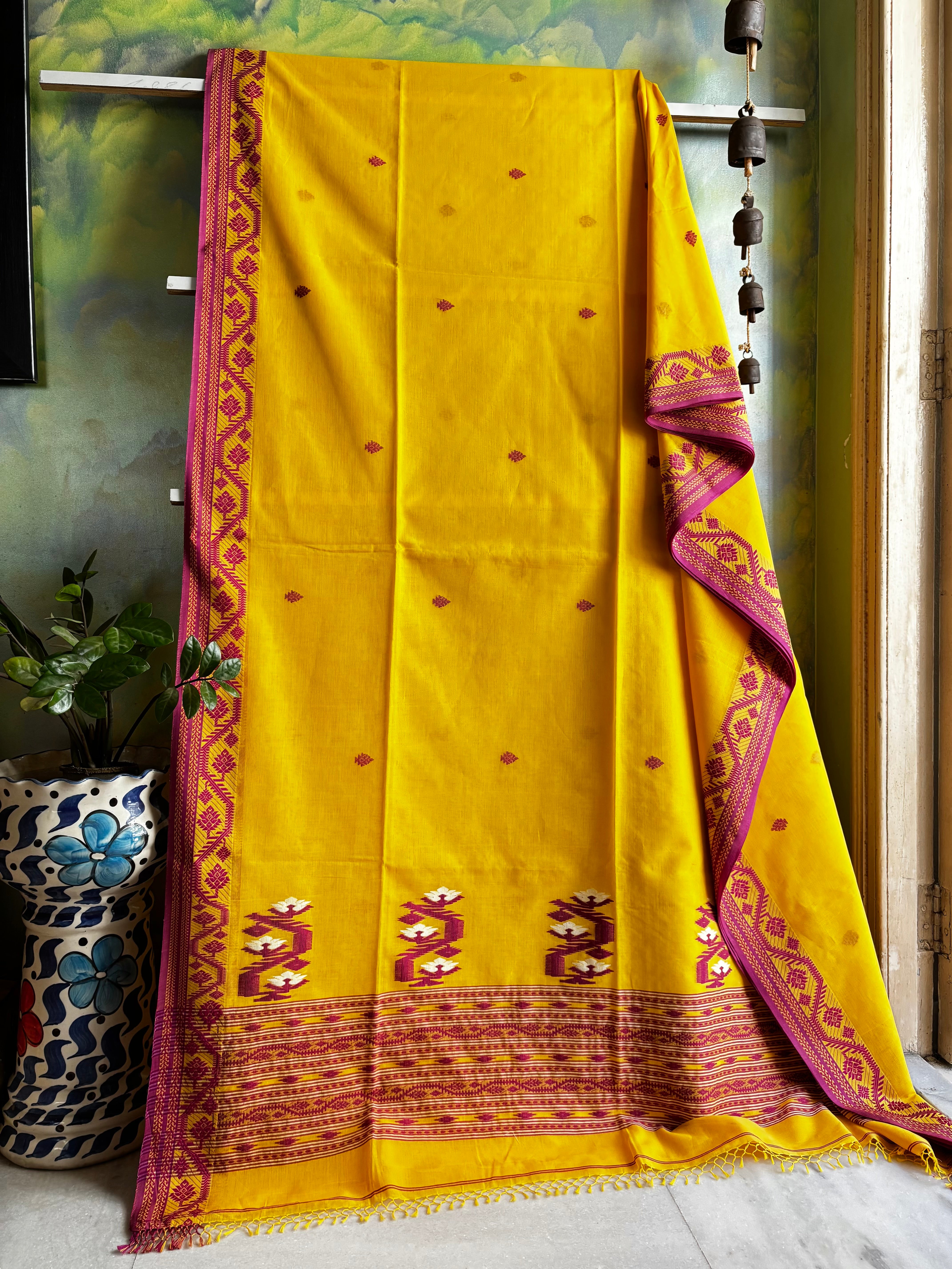 Handwoven Yellow Rani Phulia Cotton Saree