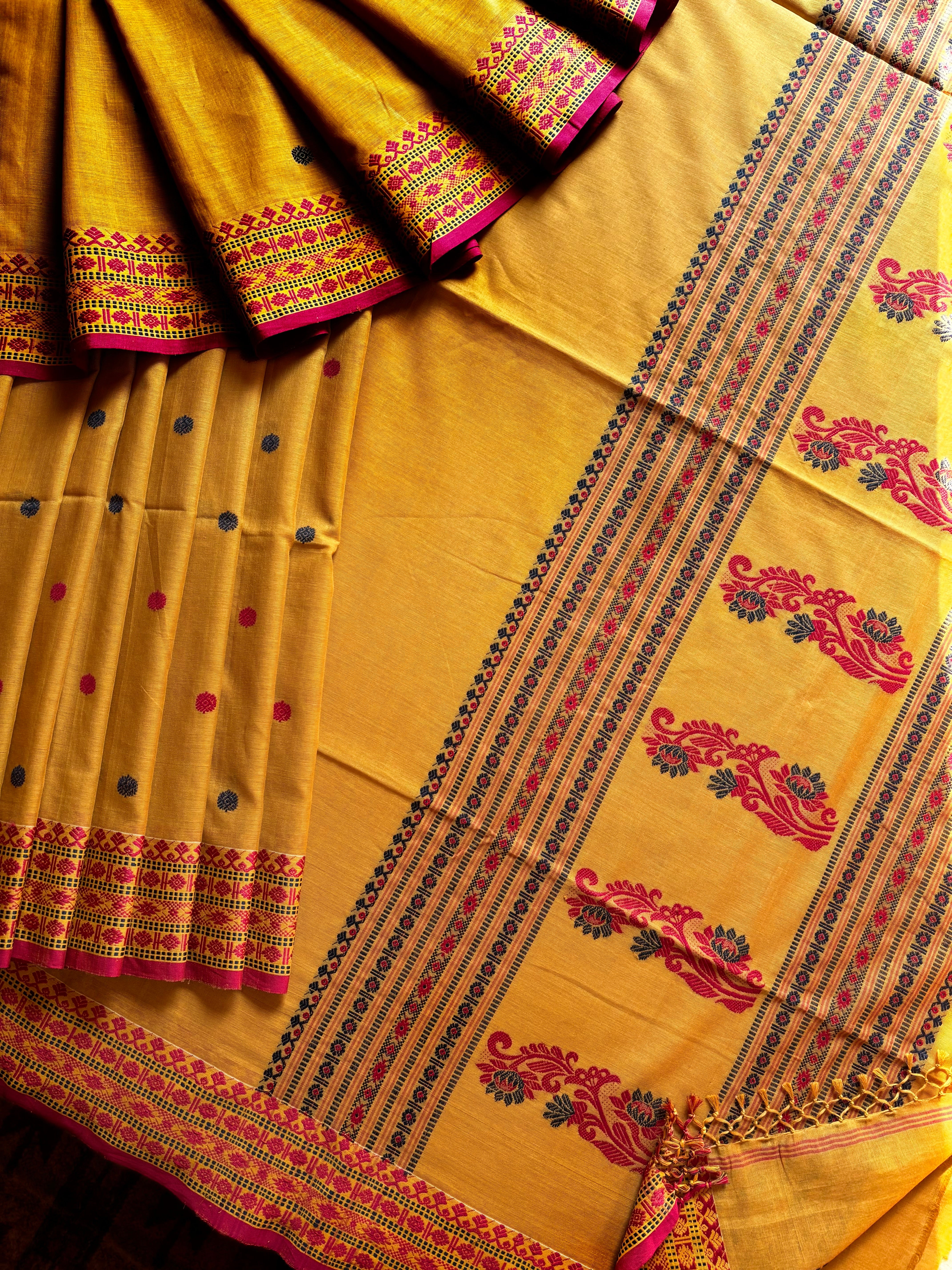 Handwoven Mustard Yellow Phulia Cotton Saree