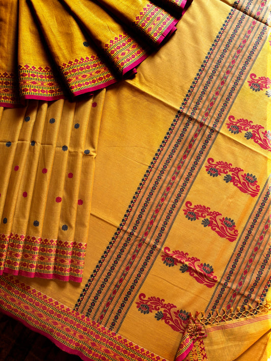 Handwoven Mustard Yellow Phulia Cotton Saree