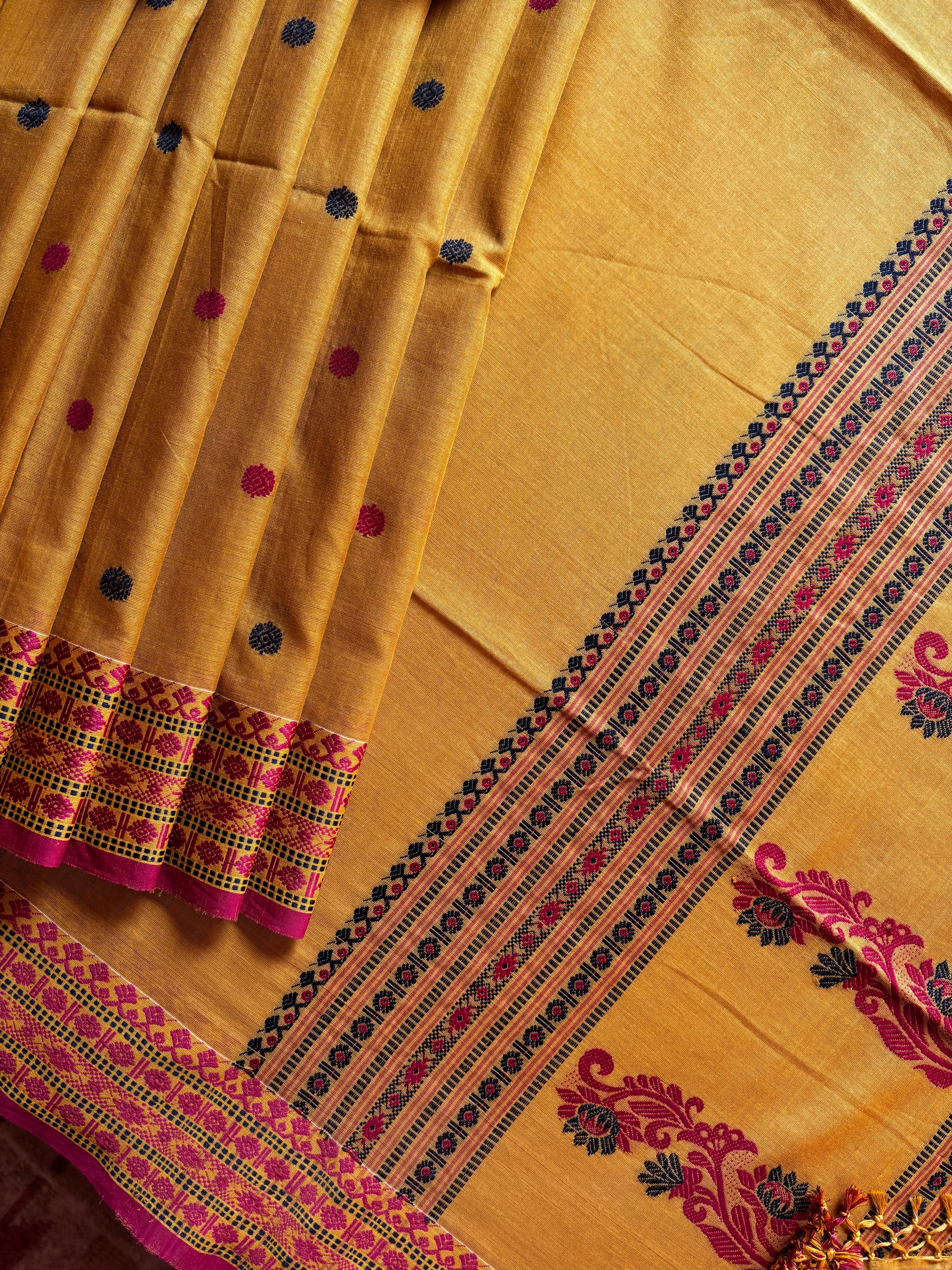 Handwoven Mustard Yellow Phulia Cotton Saree