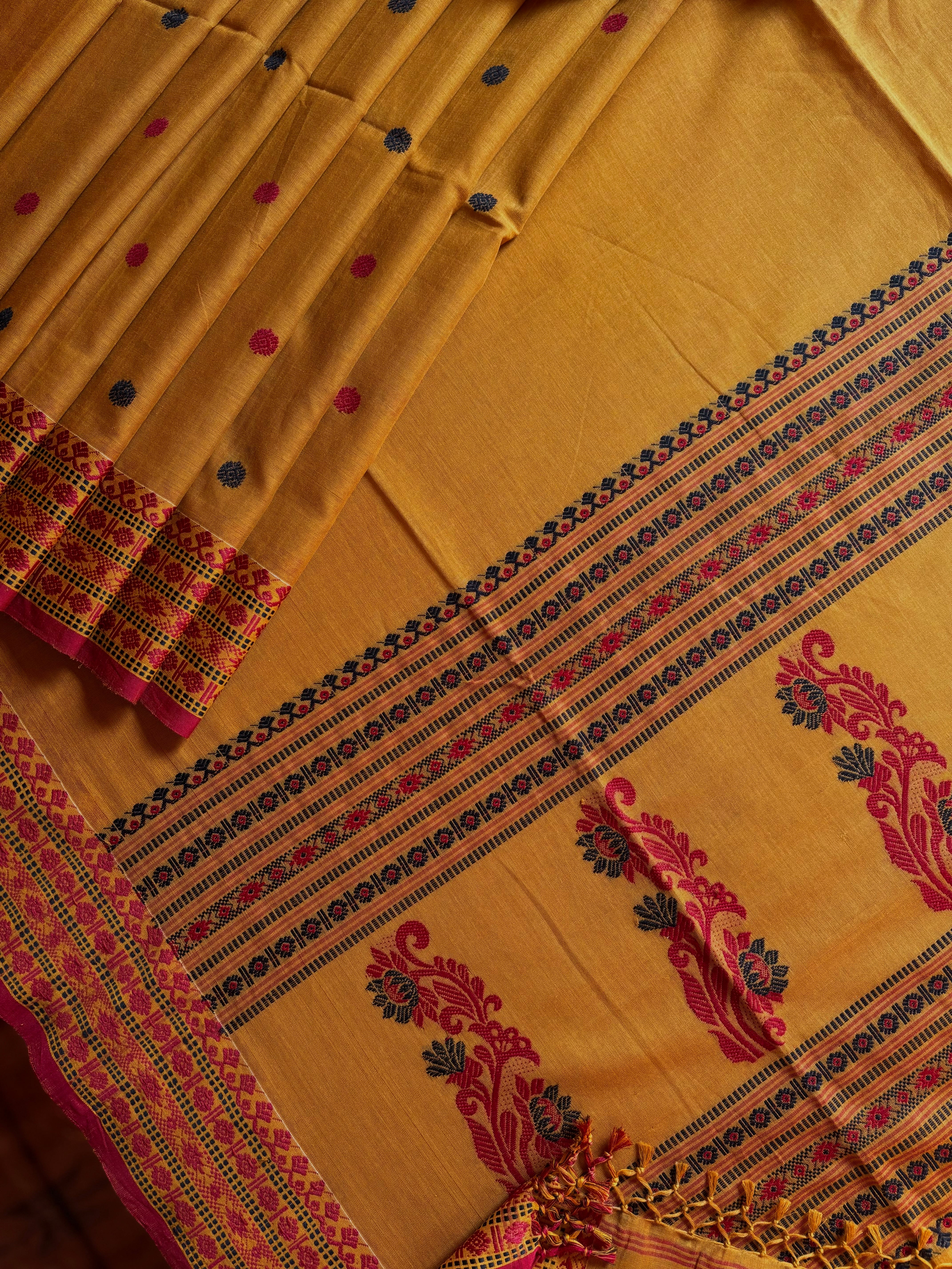 Handwoven Mustard Yellow Phulia Cotton Saree