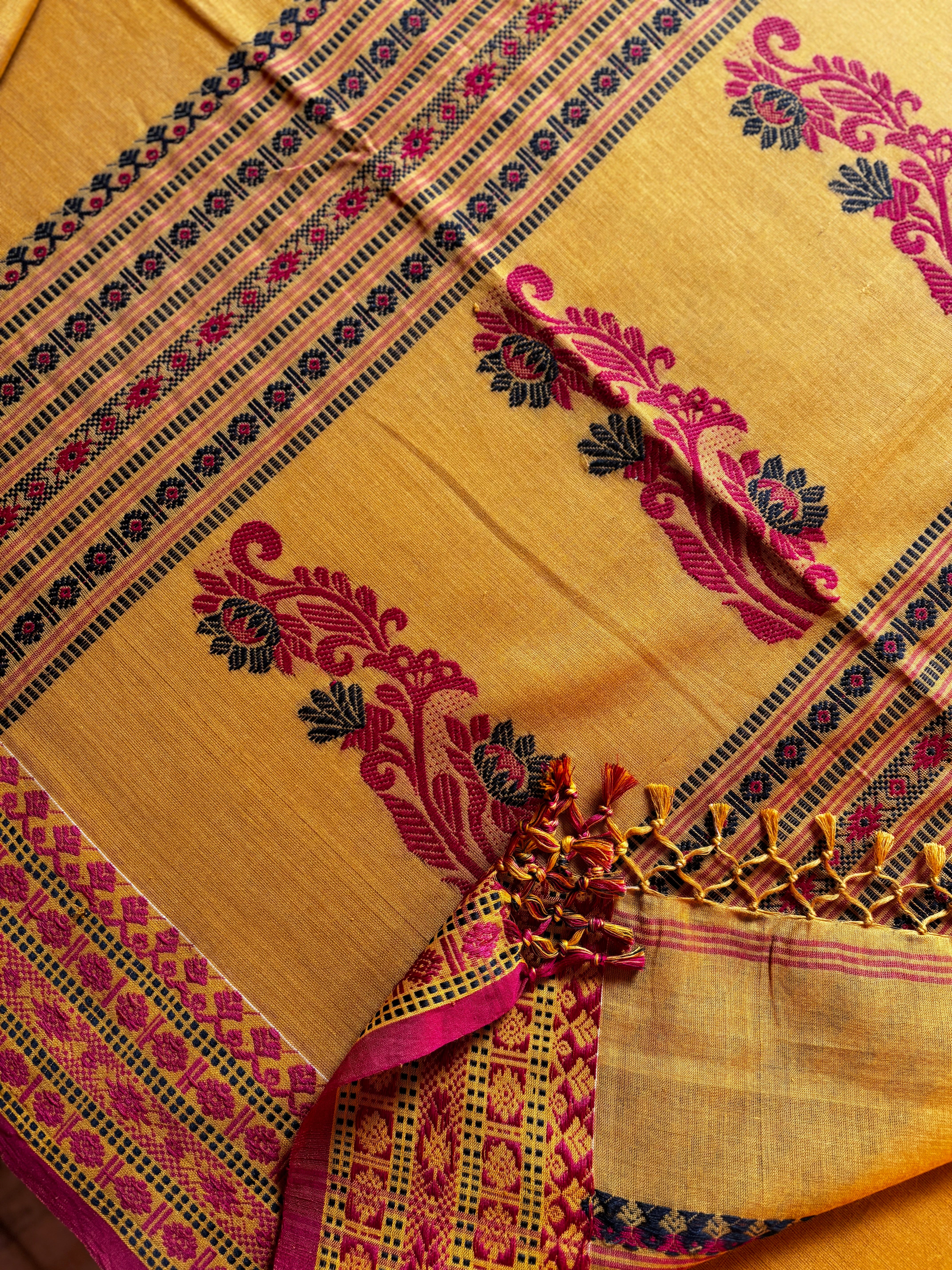 Handwoven Mustard Yellow Phulia Cotton Saree