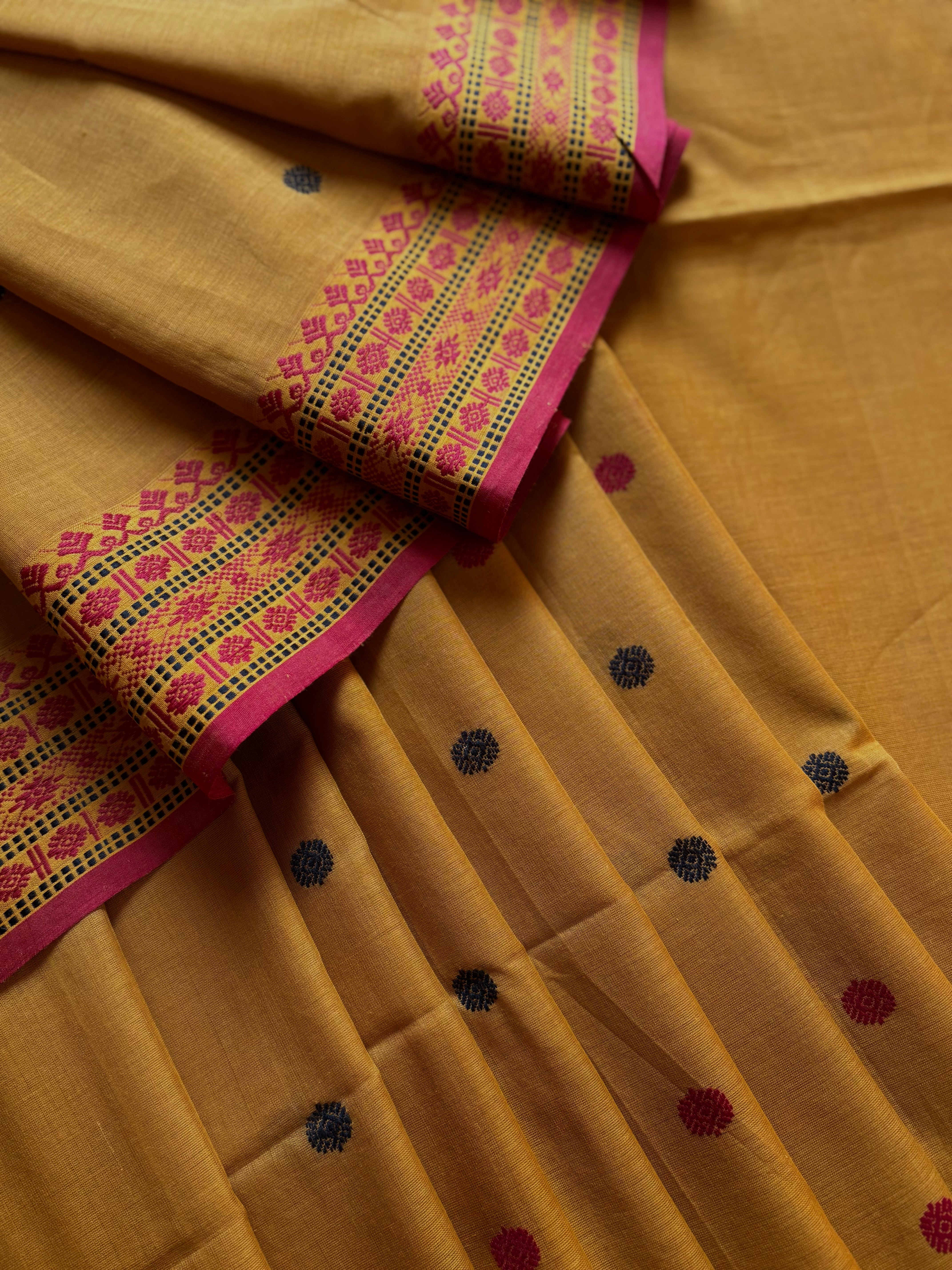 Handwoven Mustard Yellow Phulia Cotton Saree