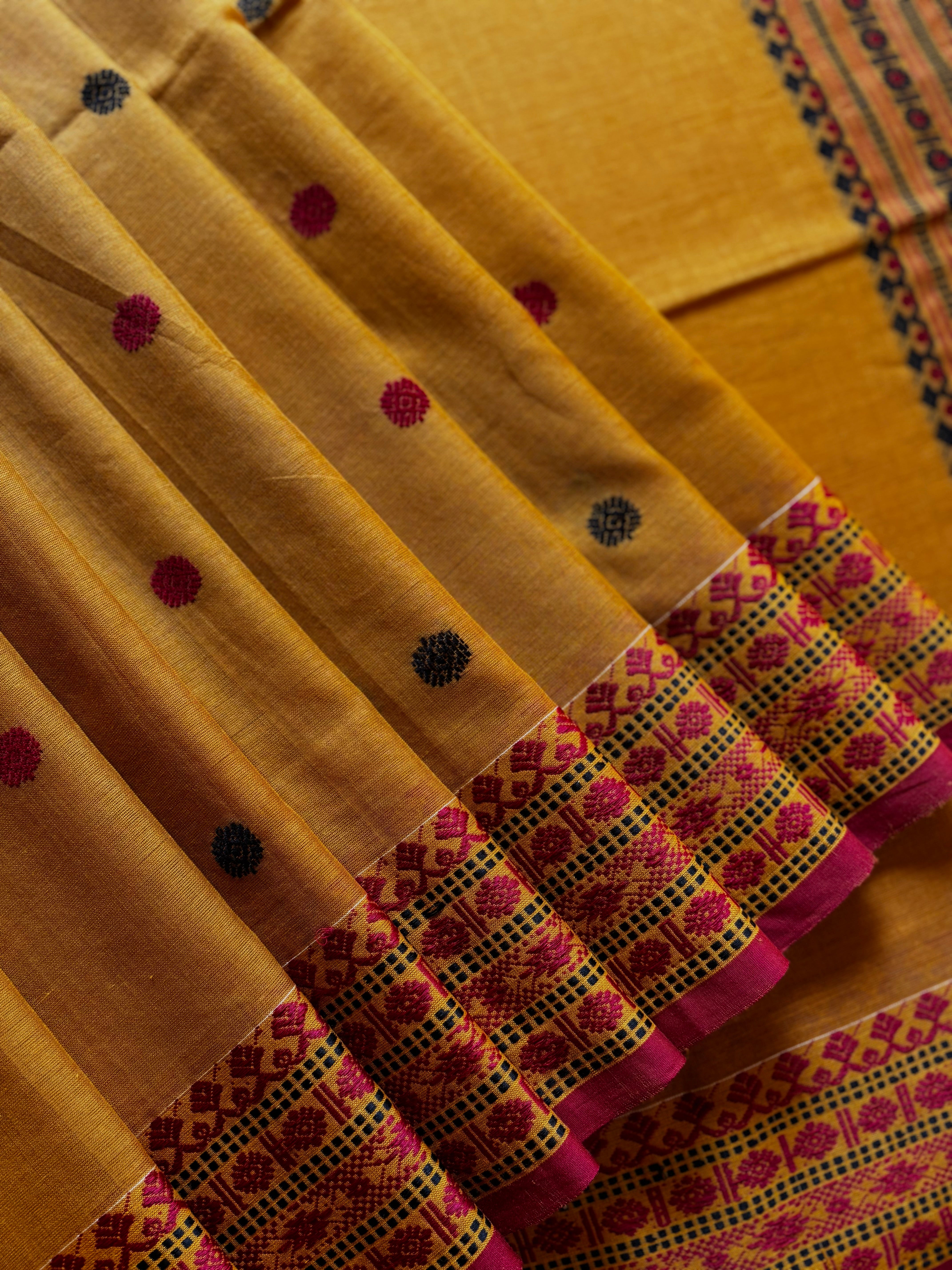 Handwoven Mustard Yellow Phulia Cotton Saree