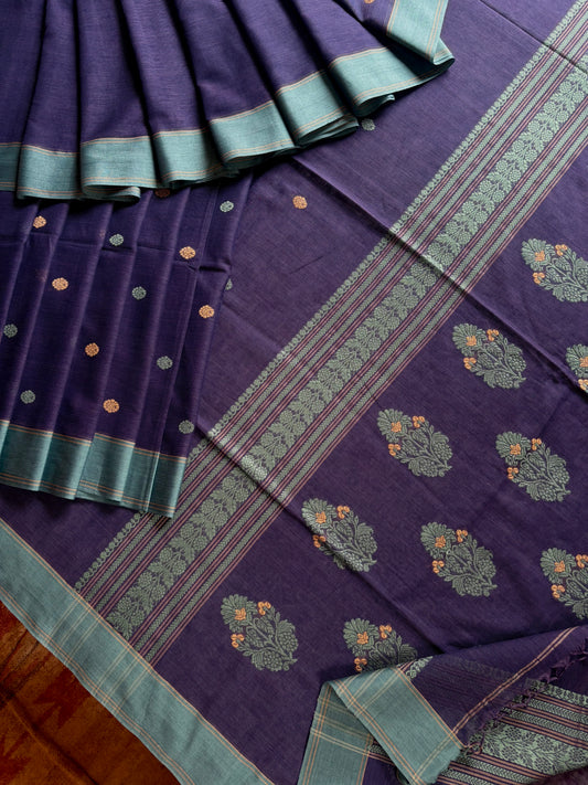 Handwoven Purplish Blue Colour Phulia Cotton Saree