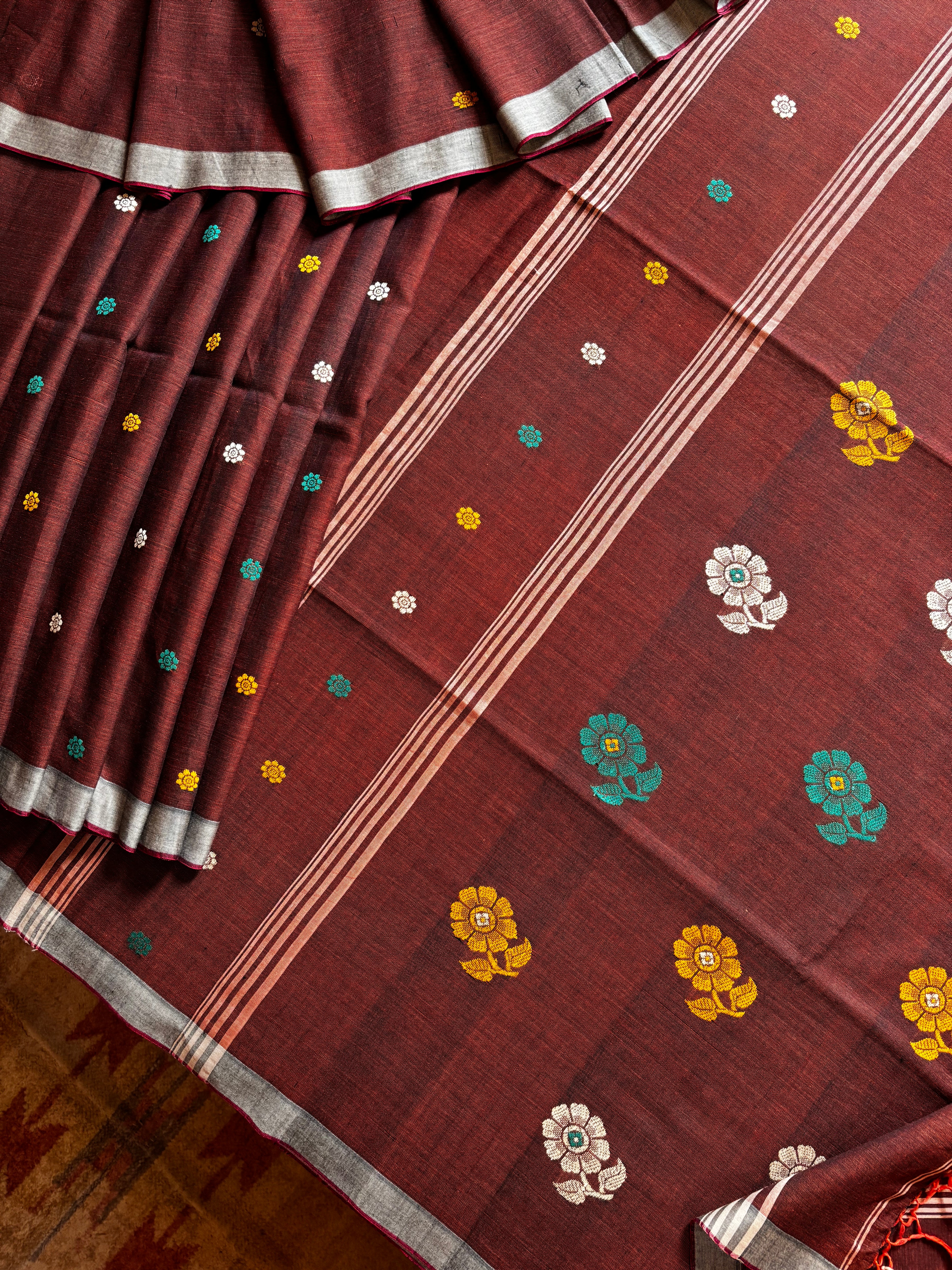 Handwoven Rust Colour Phulia Cotton Saree