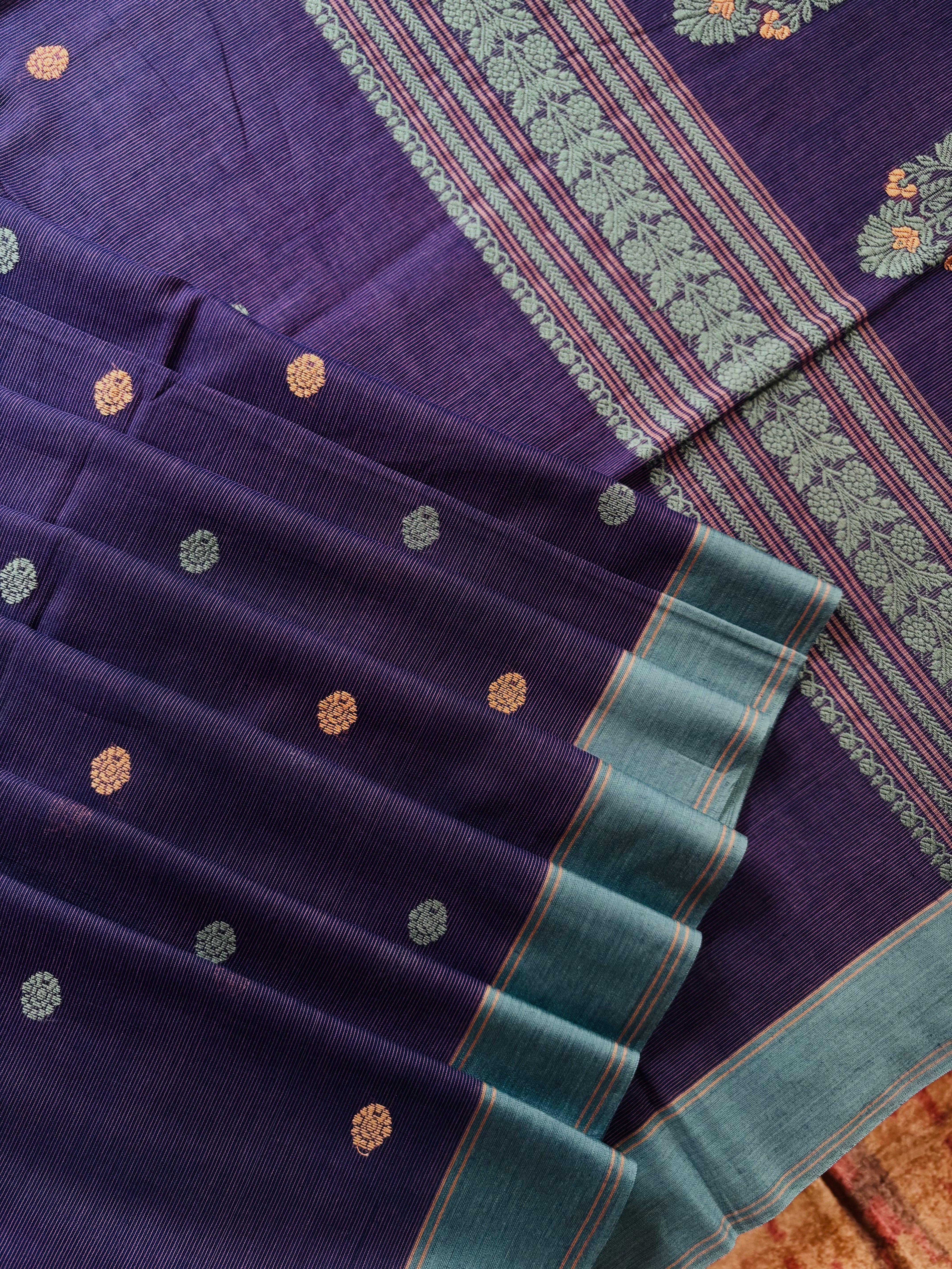Handwoven Purplish Blue Colour Phulia Cotton Saree