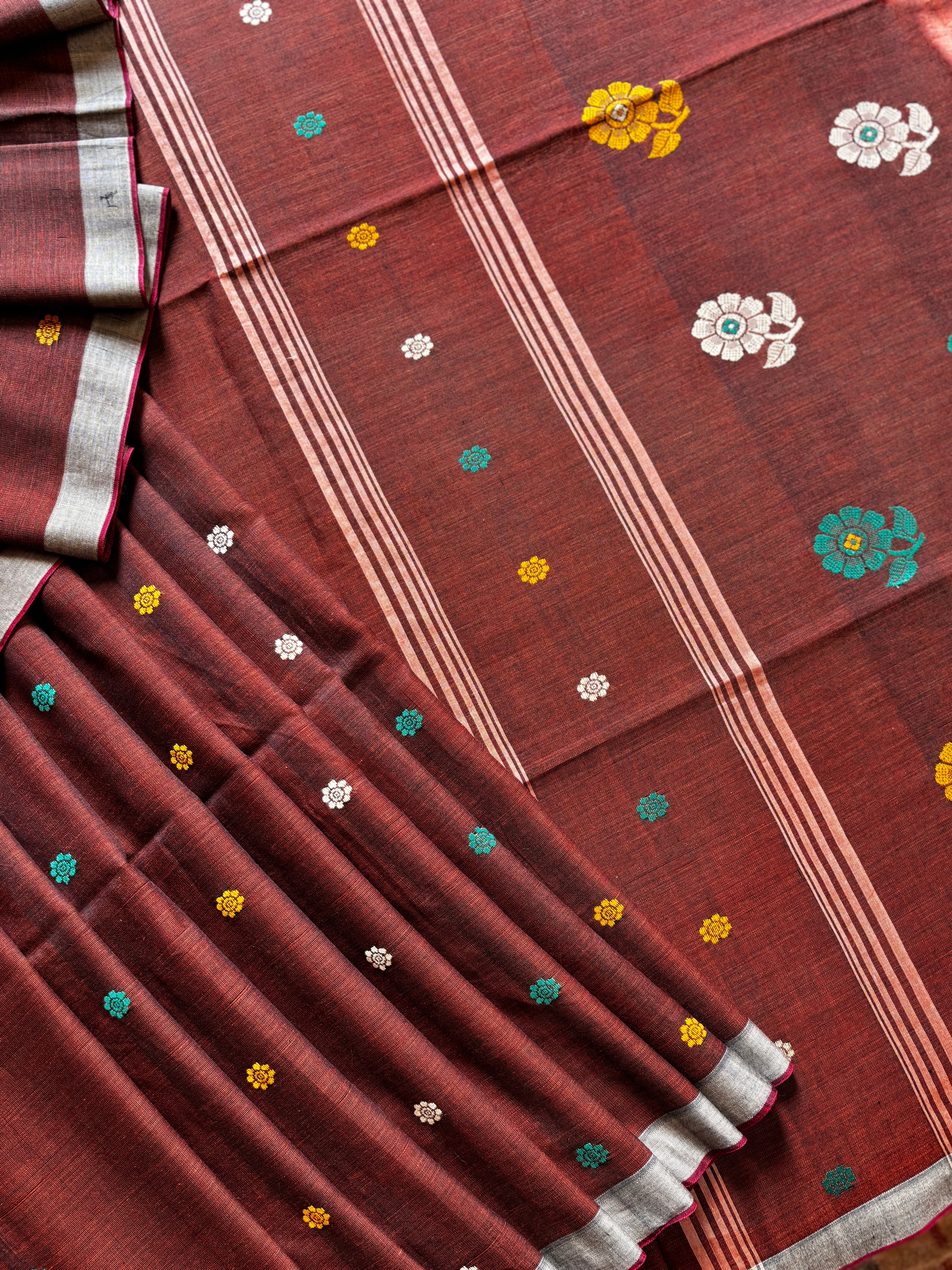 Handwoven Rust Colour Phulia Cotton Saree