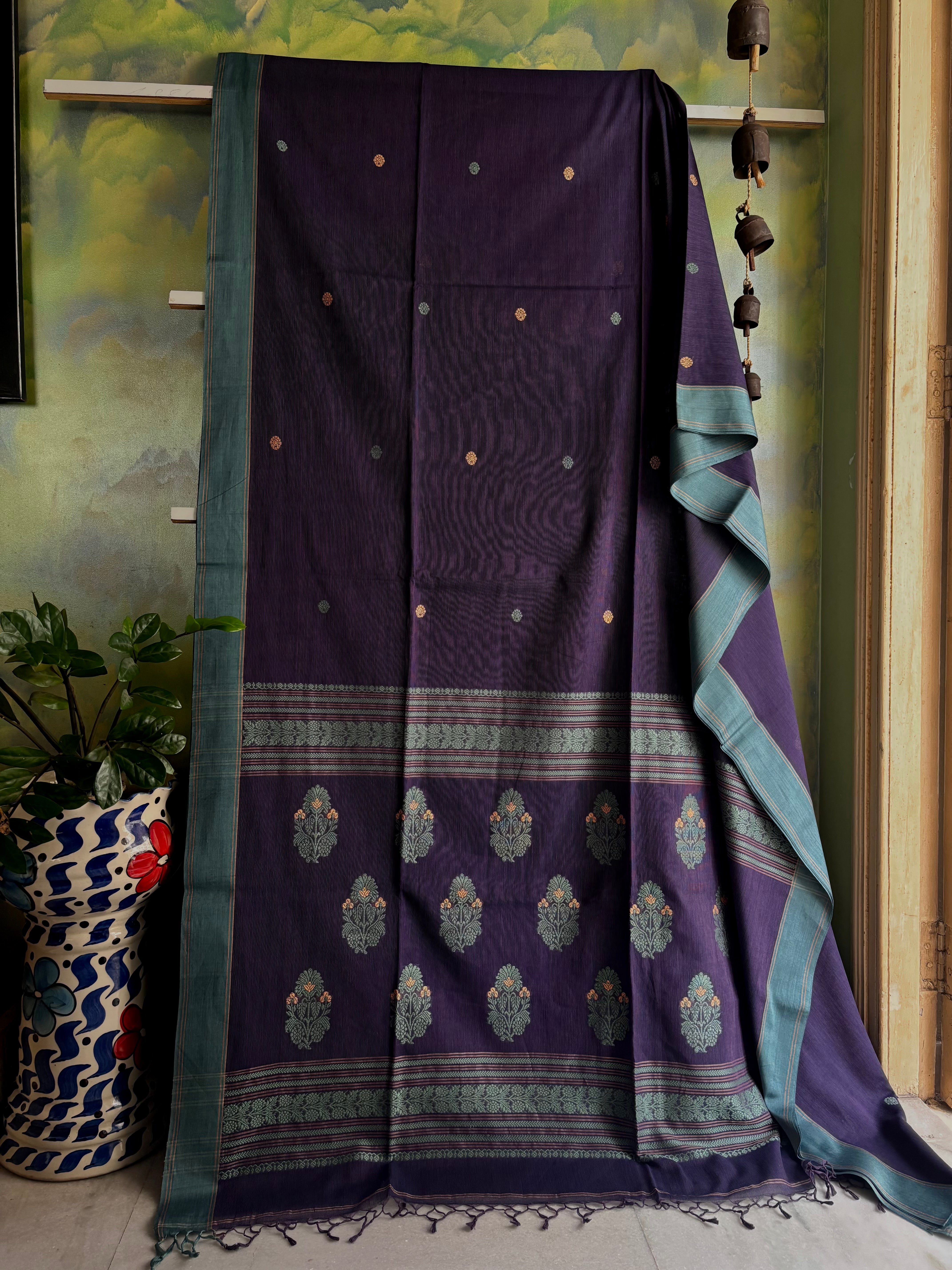 Handwoven Purplish Blue Colour Phulia Cotton Saree