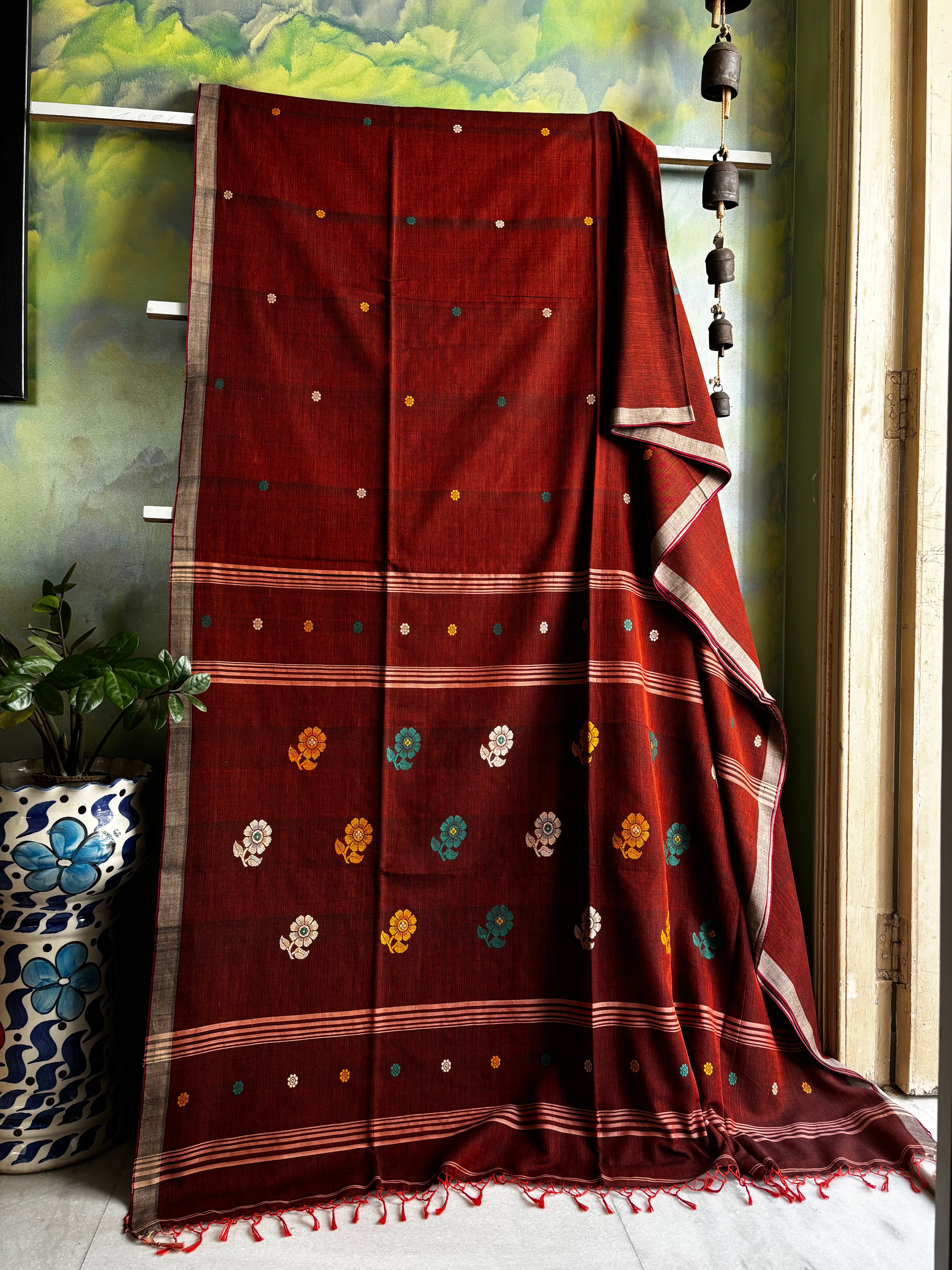 Handwoven Rust Colour Phulia Cotton Saree