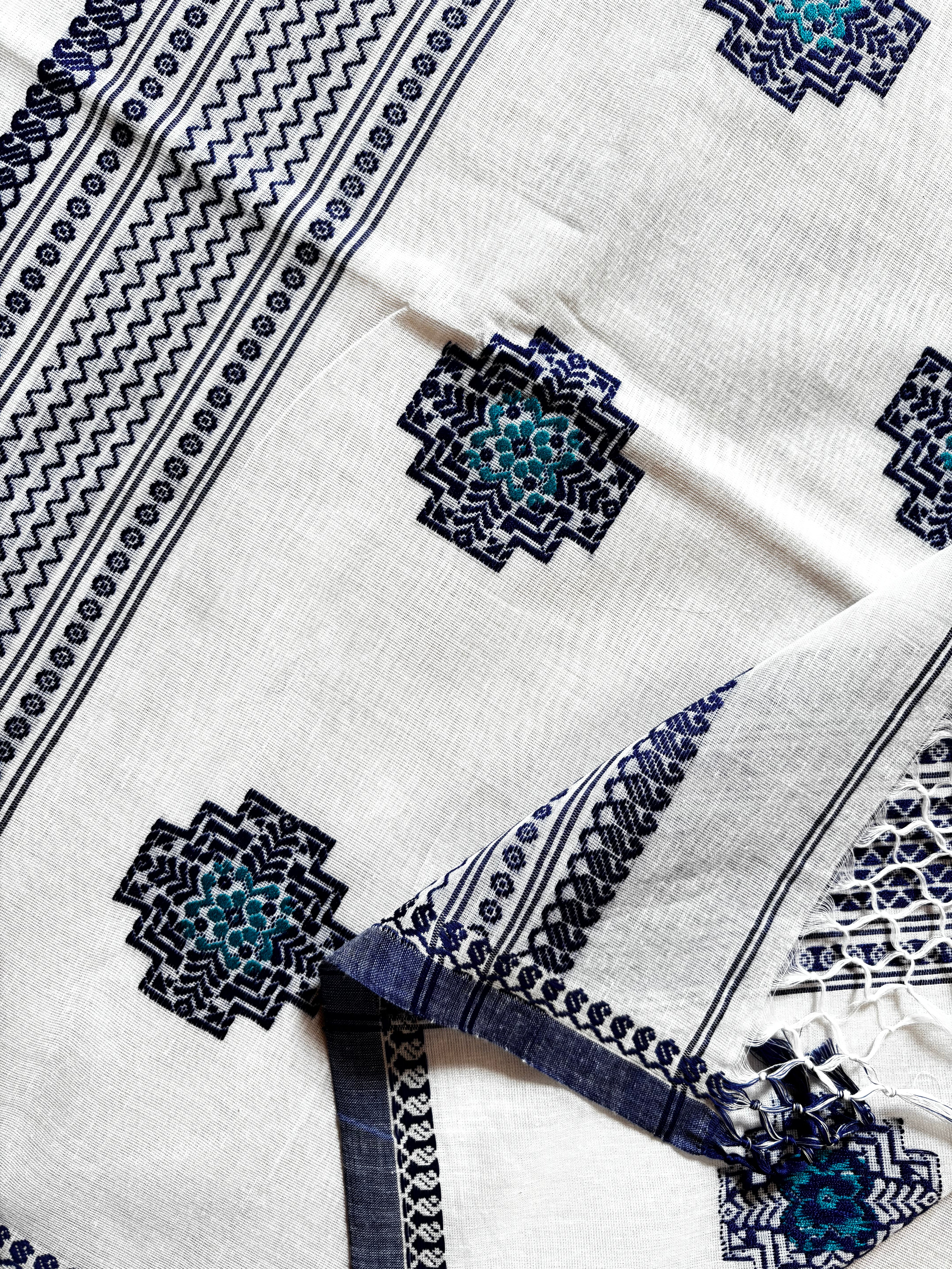 Handwoven White Blue Phulia Cotton Saree