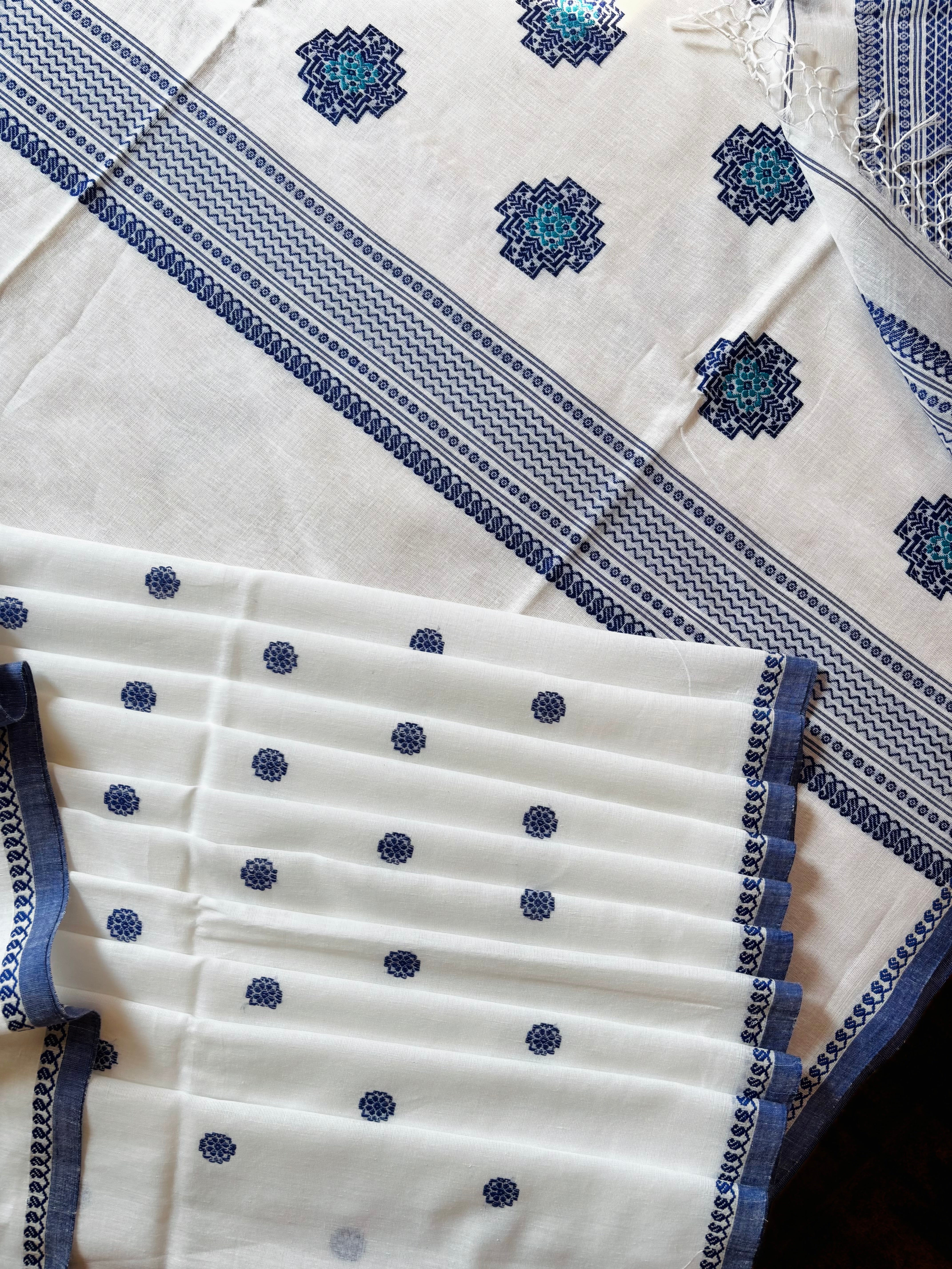 Handwoven White Blue Phulia Cotton Saree