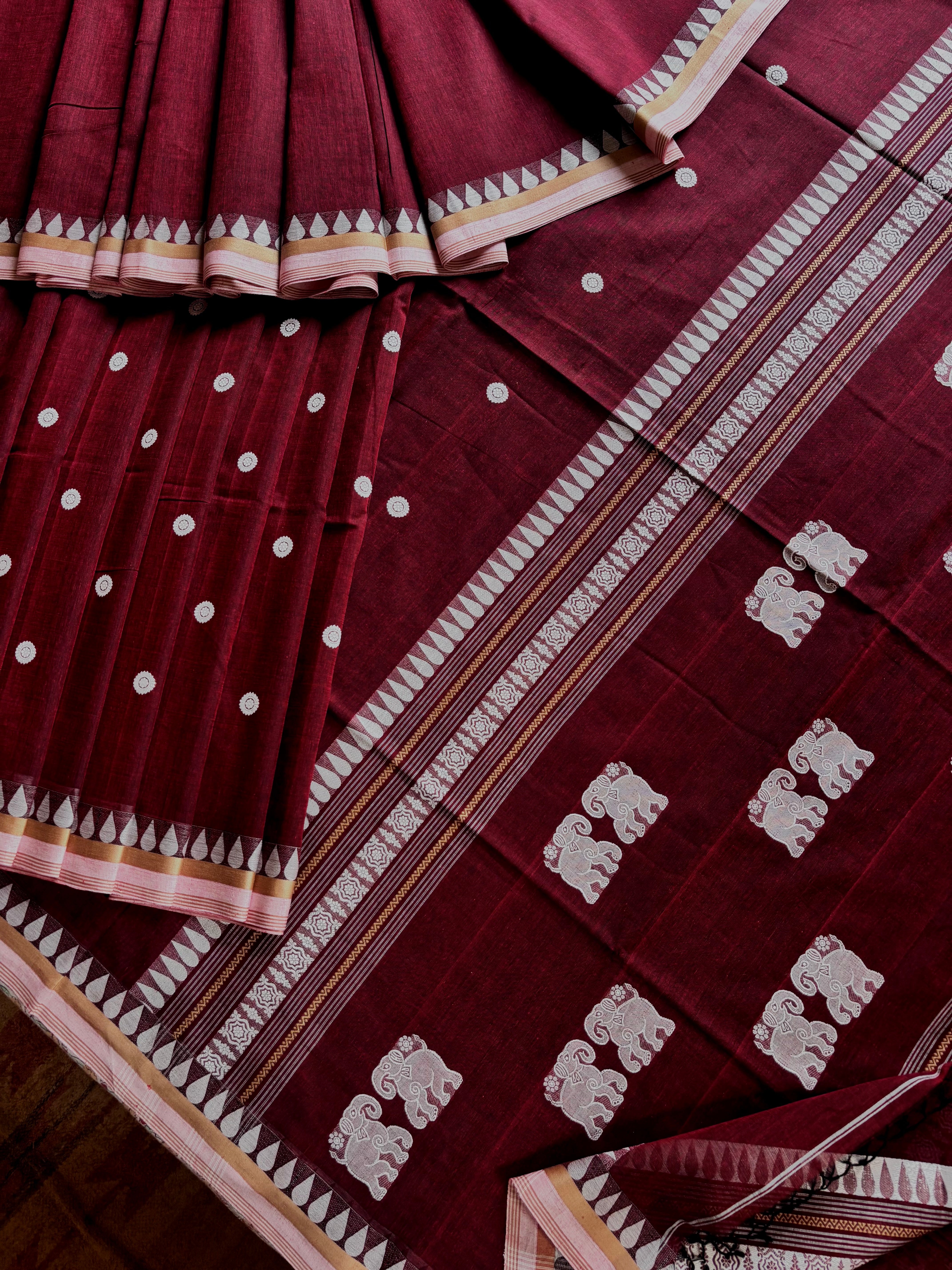 Handwoven Maroon Colour Phulia Cotton Saree