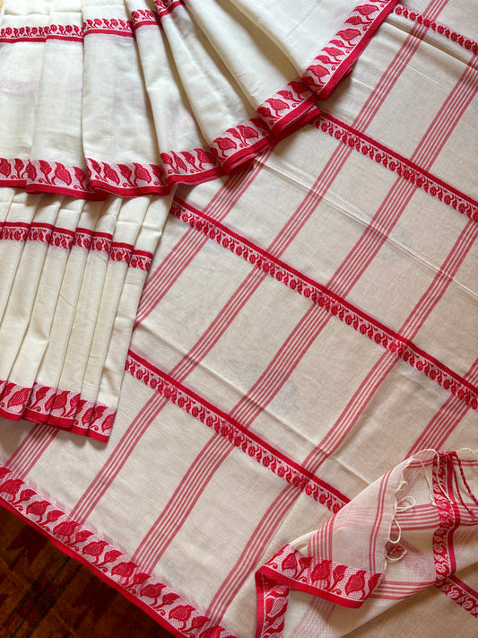 Handwoven Offwhite Red Phulia Cotton Saree