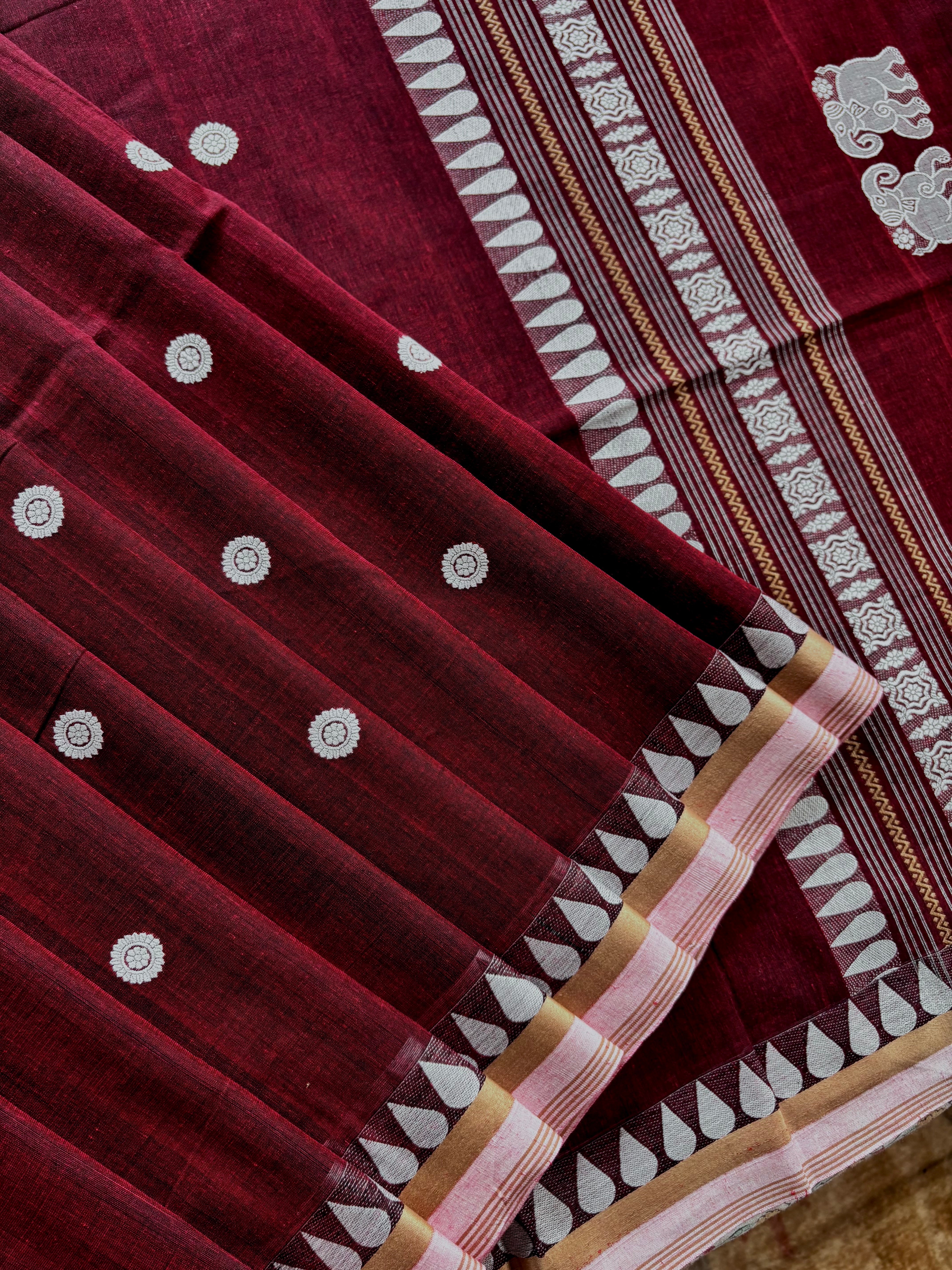 Handwoven Maroon Colour Phulia Cotton Saree