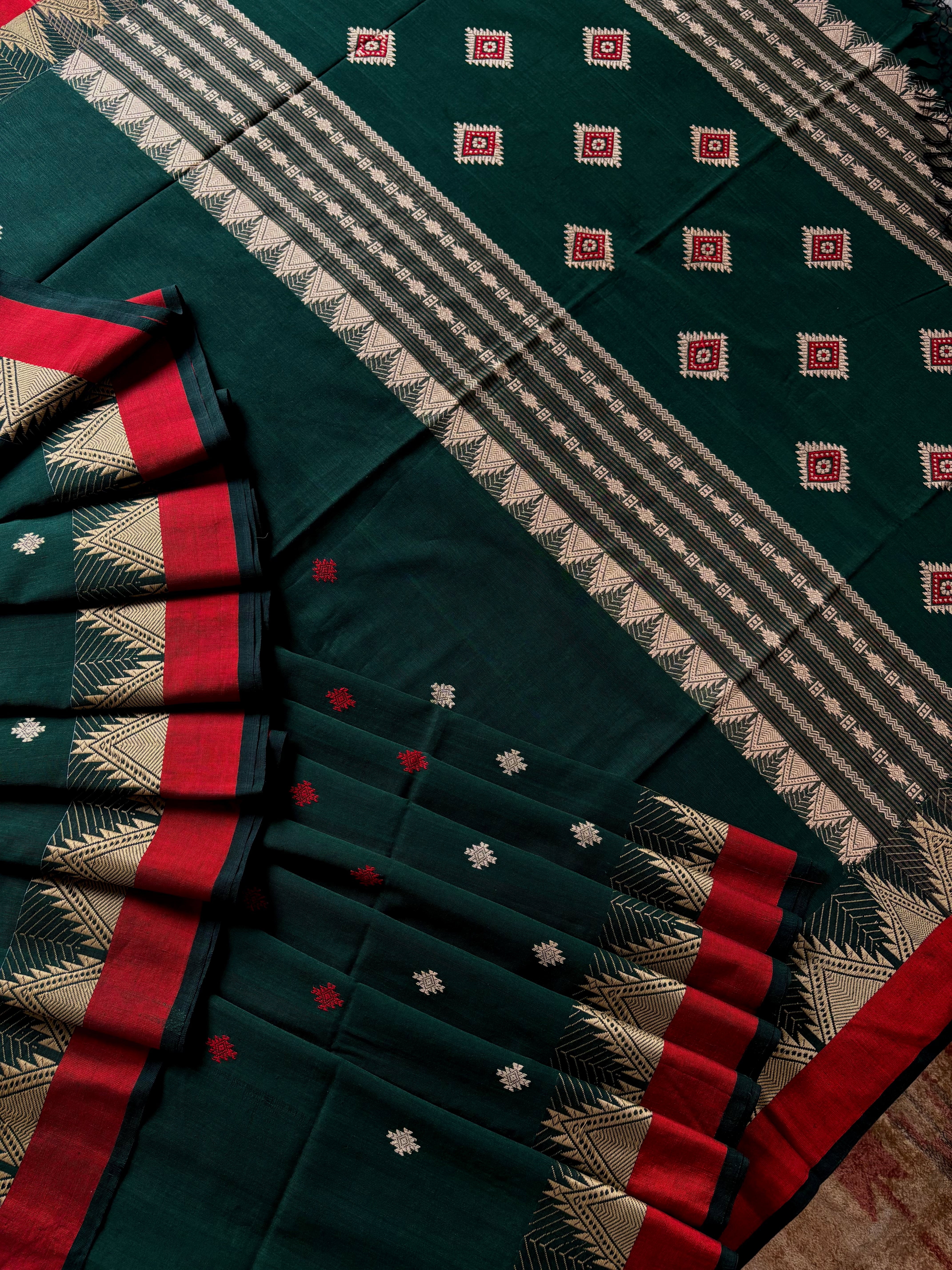 Handwoven Bottle Green Colour Phulia Cotton Saree