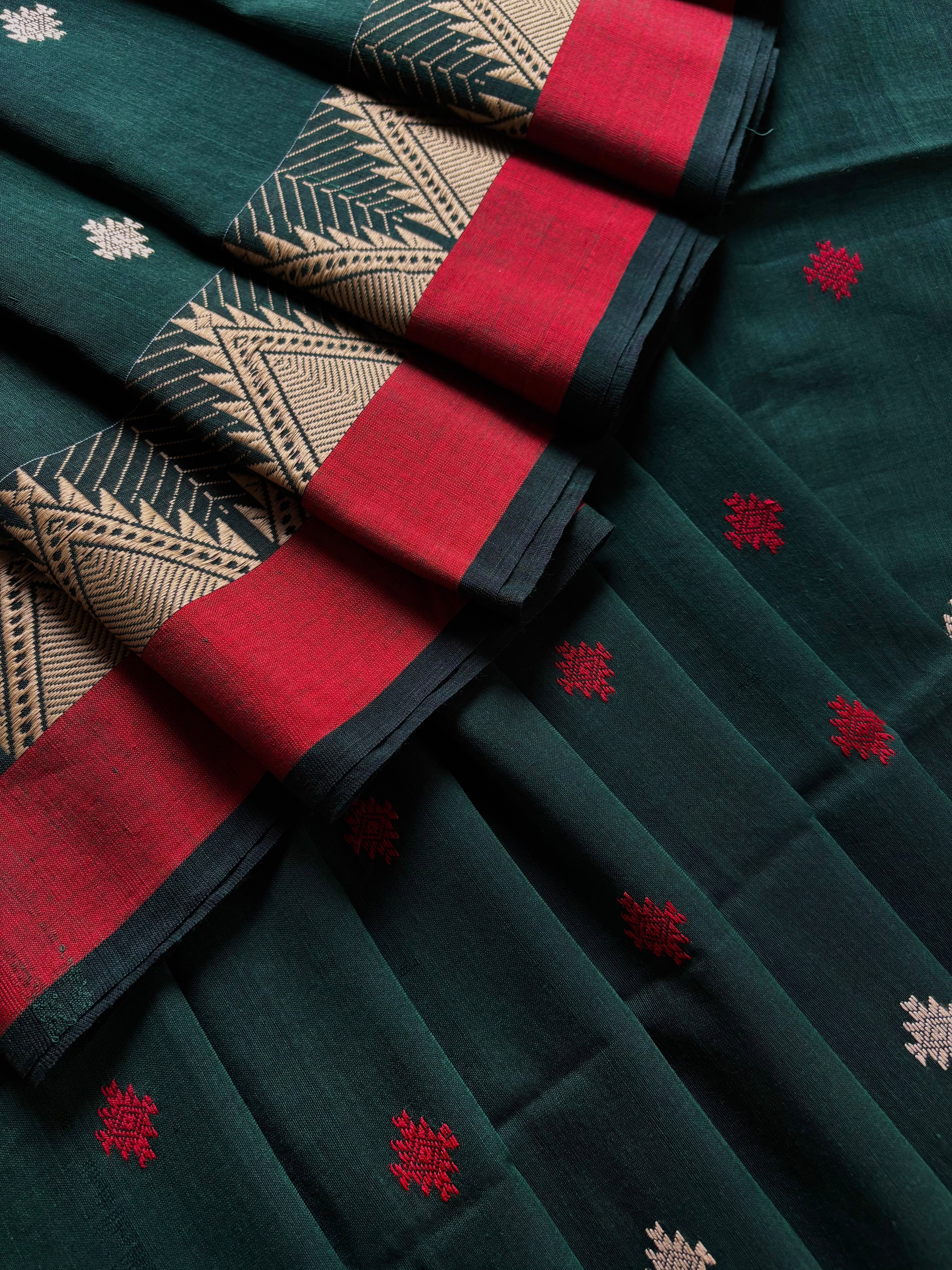 Handwoven Bottle Green Colour Phulia Cotton Saree