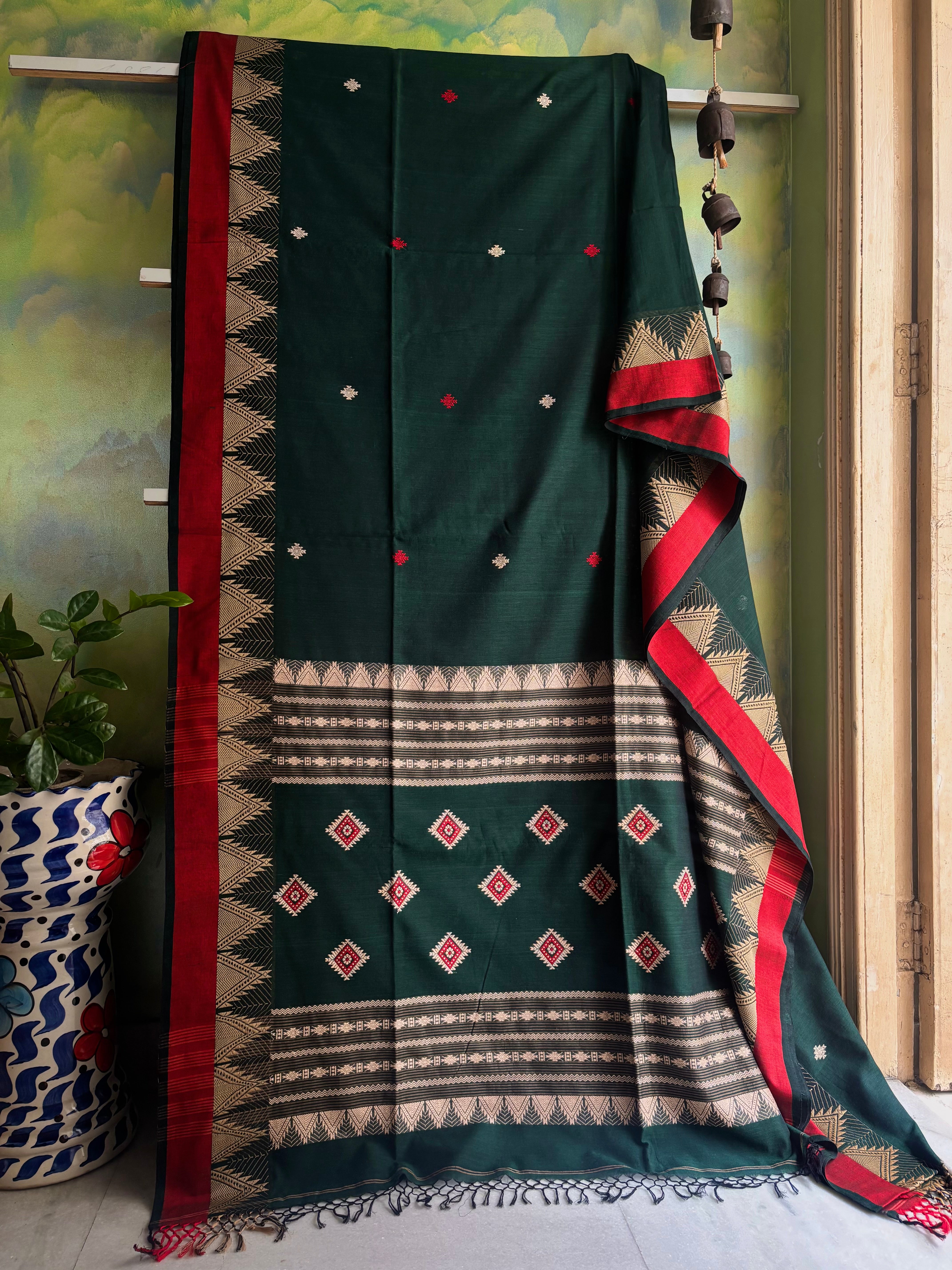 Handwoven Bottle Green Colour Phulia Cotton Saree