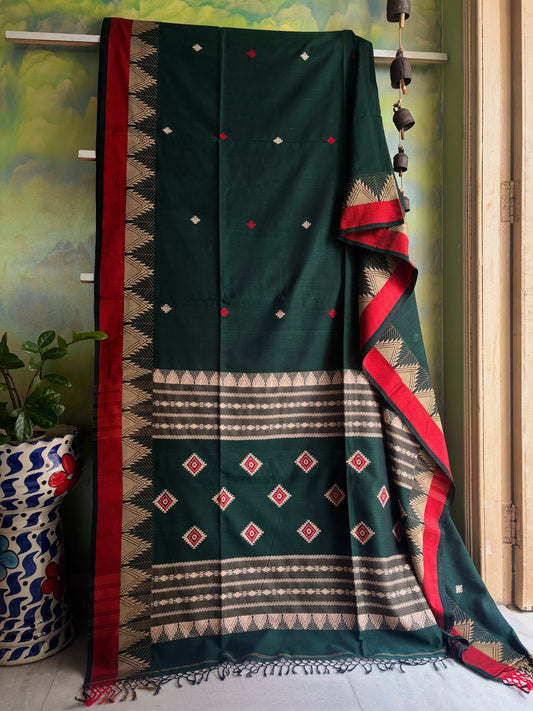 Handwoven Bottle Green Colour Phulia Cotton Saree