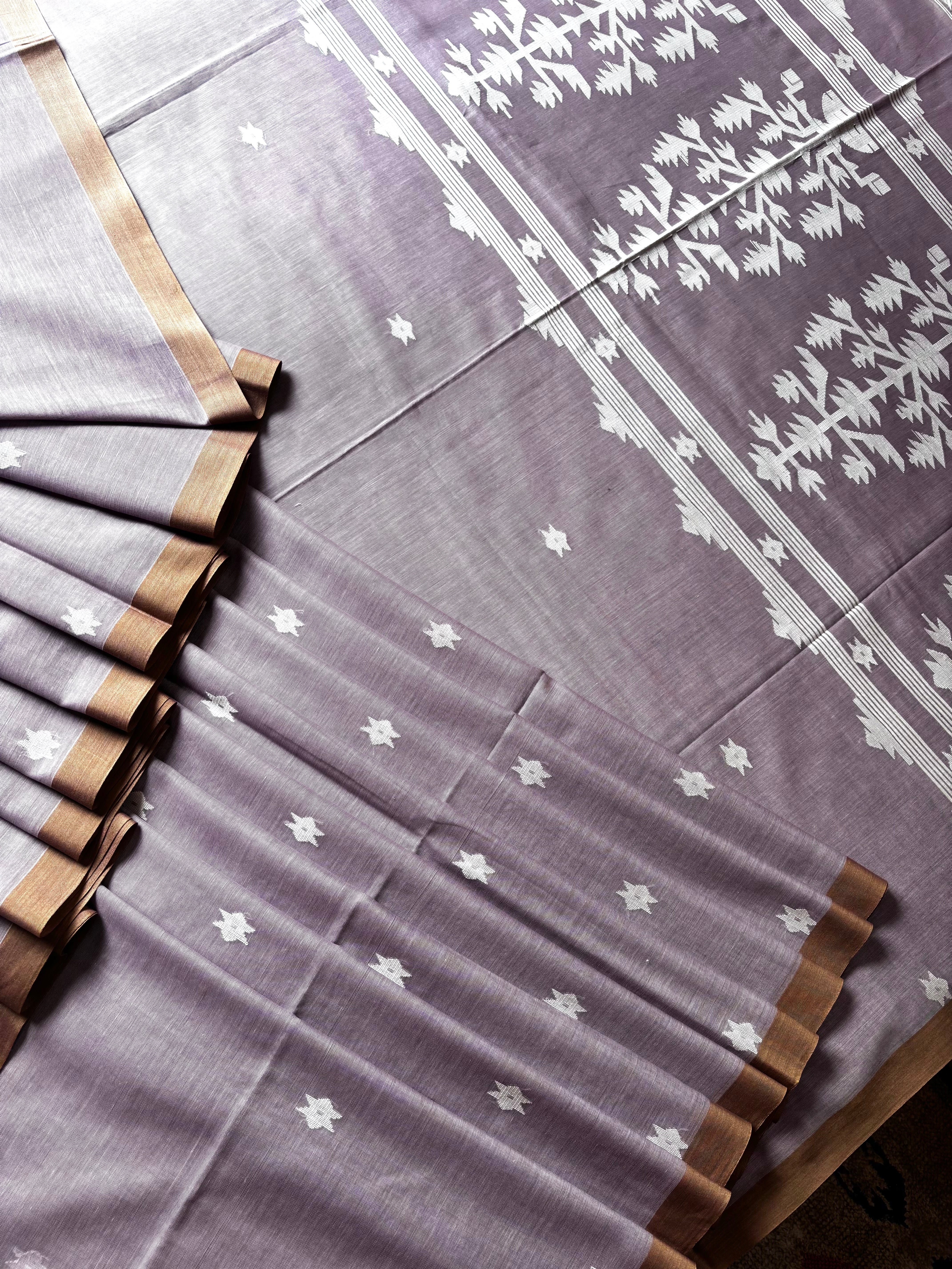 Handwoven Light Dusty Lavender Cotton Jamdani Saree