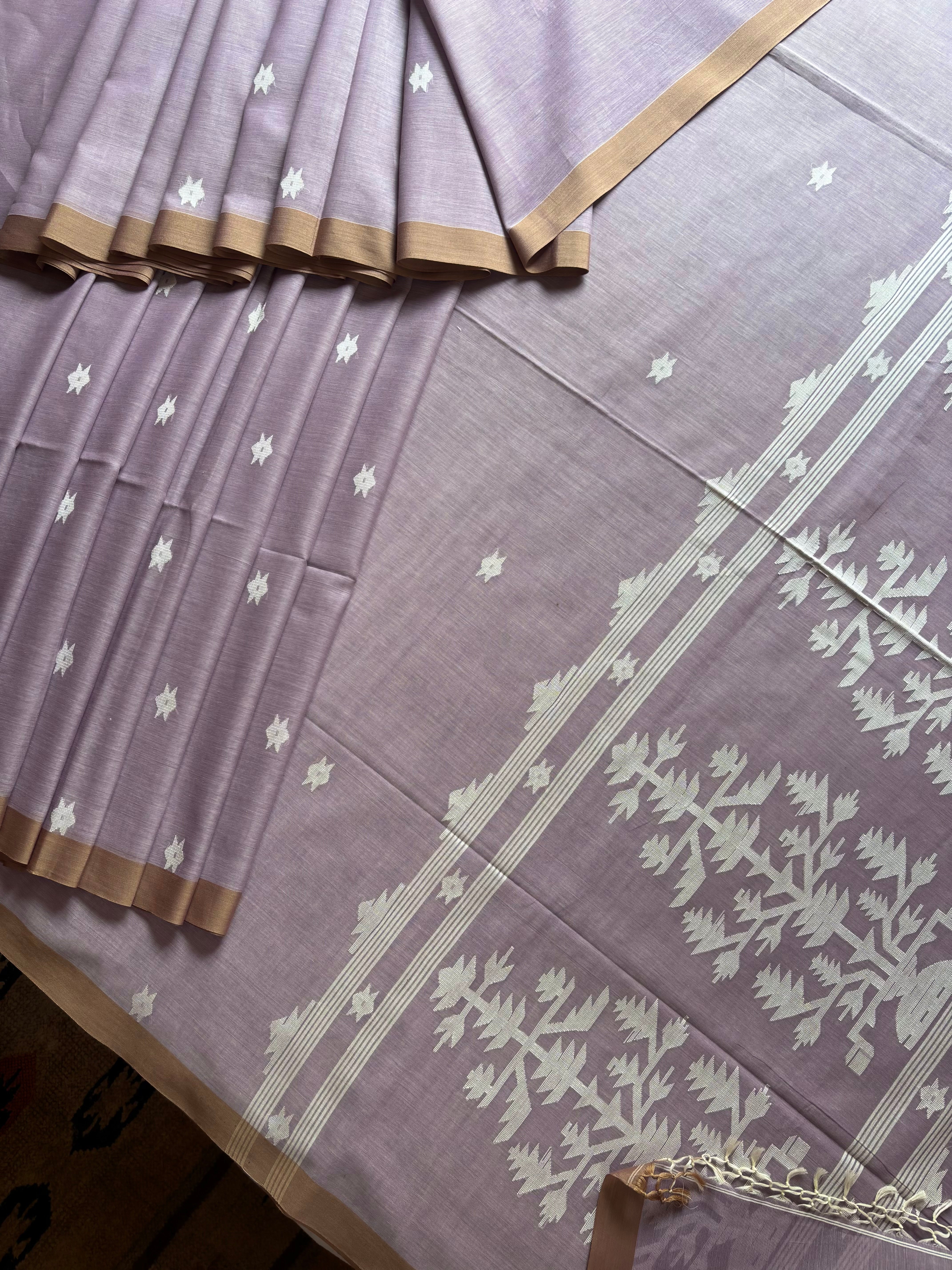 Handwoven Light Dusty Lavender Cotton Jamdani Saree