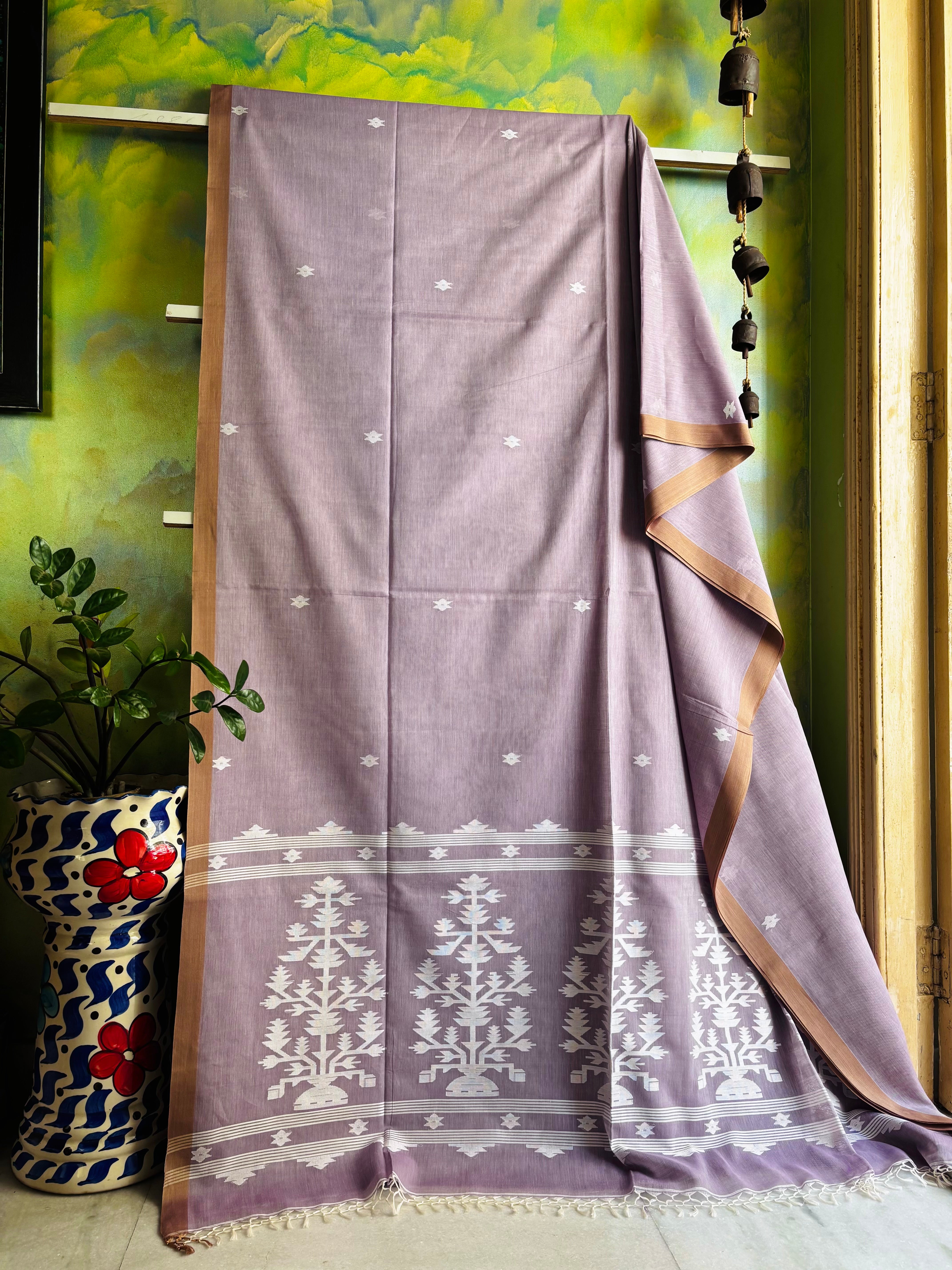 Handwoven Light Dusty Lavender Cotton Jamdani Saree