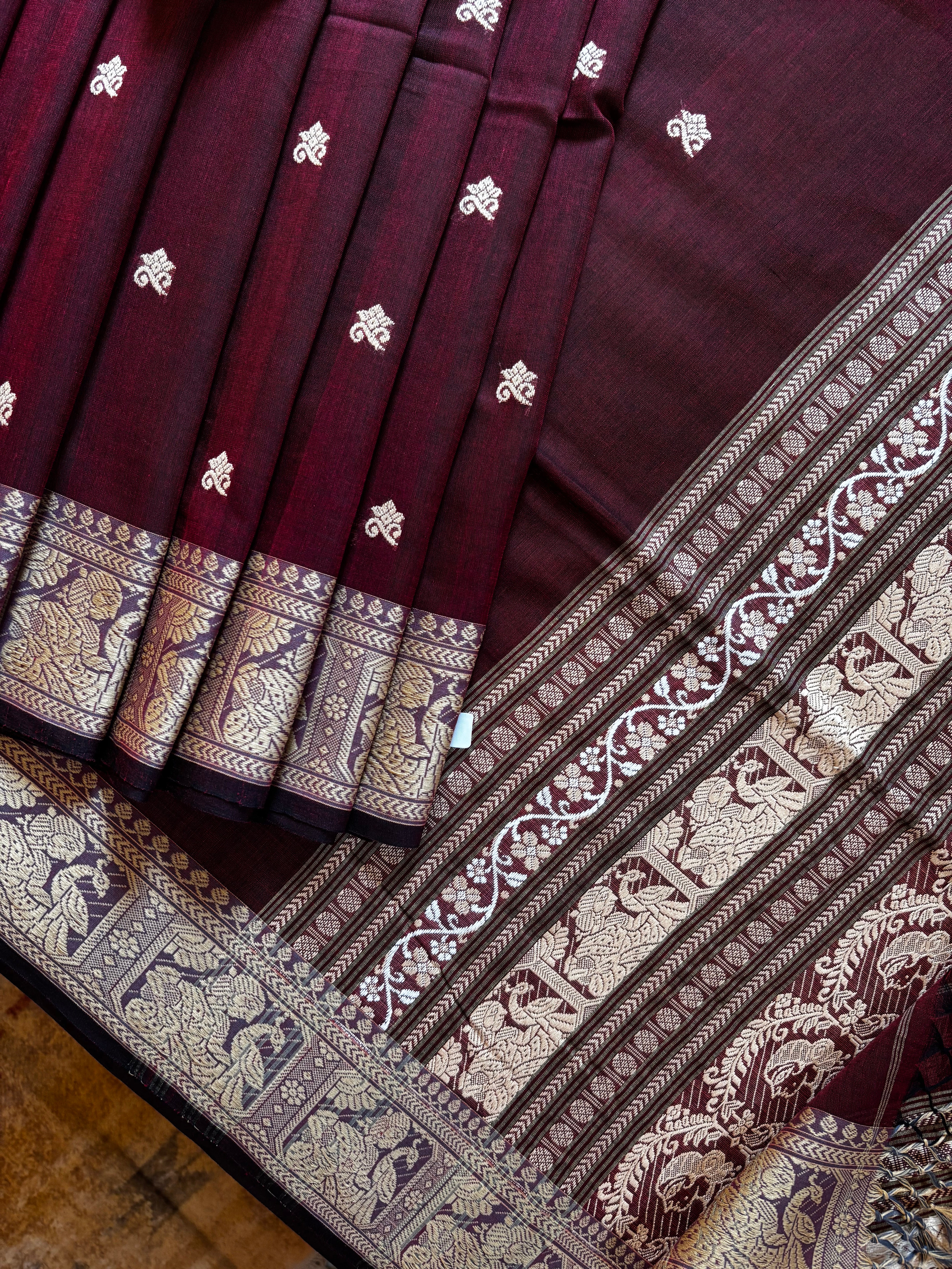 Handwoven Wine Colour Cotton Baluchari Saree